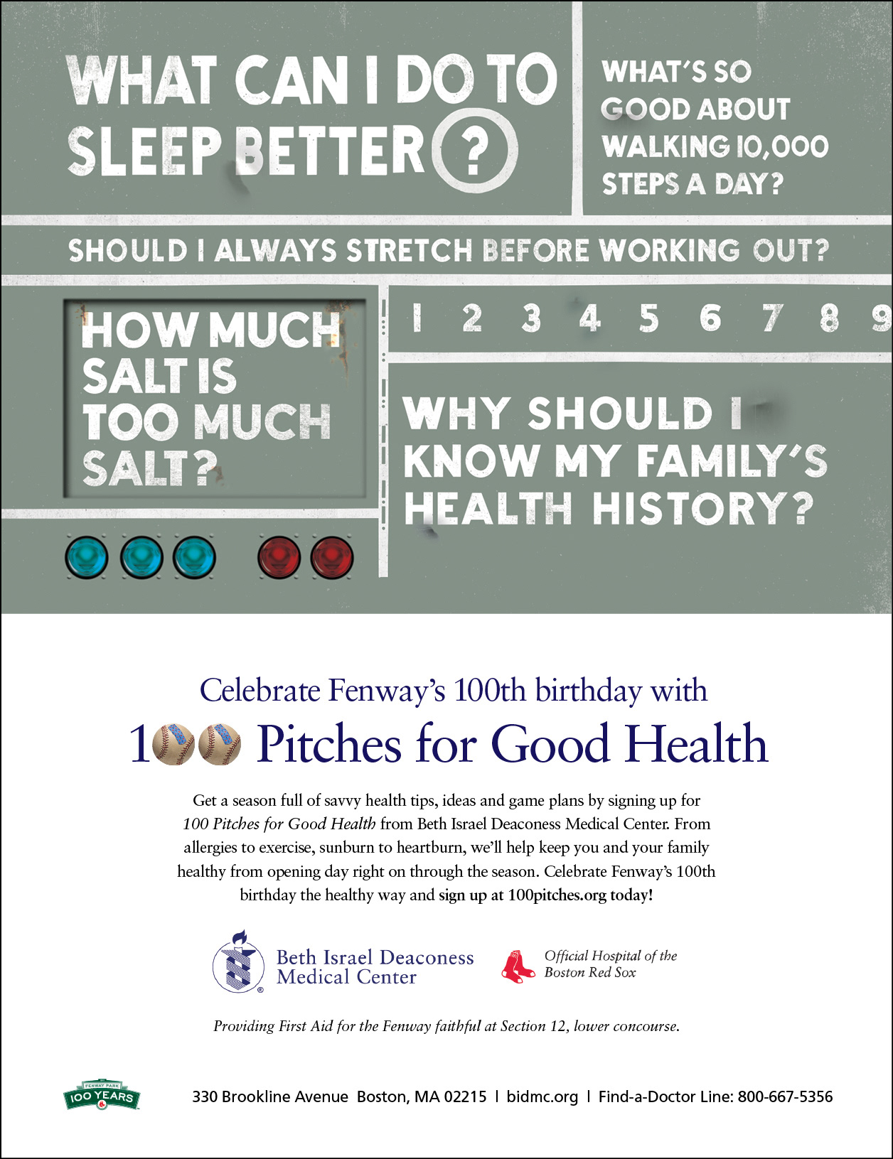Print ad promoting health tips designed in the style of Fenway Park's Green Monster