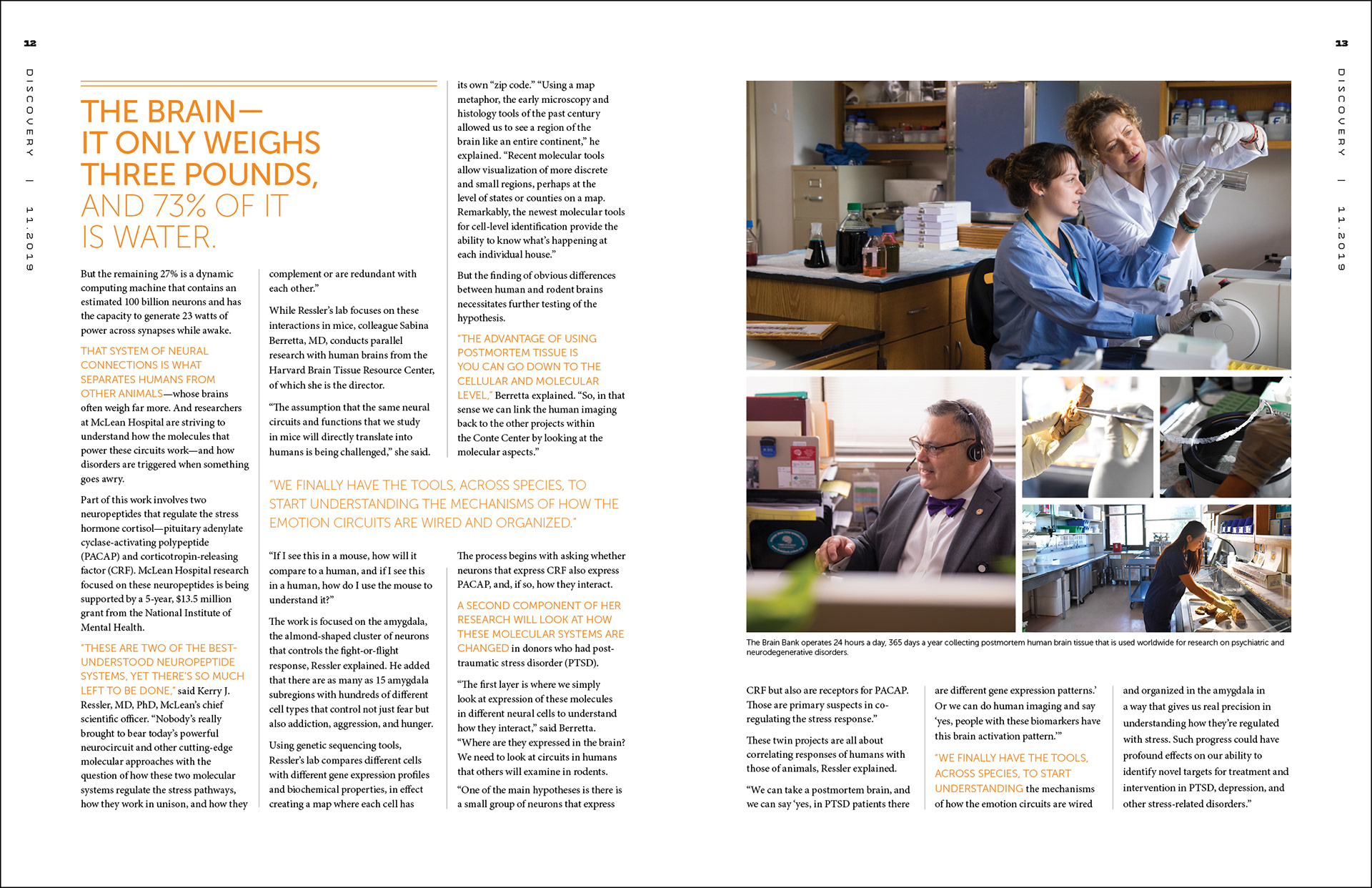Inside spread from the 2019 issue of Discovery, McLean Hospital's science and research news magazine