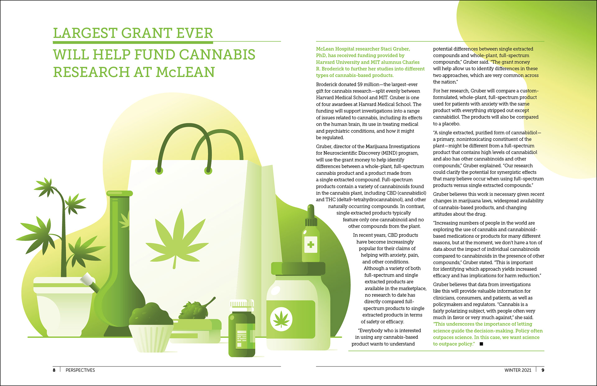Inside spread from the winter 2021 issue of Perspectives, an annual publication from McLean Hospital