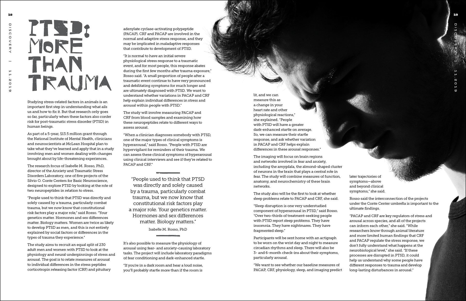 Inside spread from the 2019 issue of Discovery, McLean Hospital's science and research news magazine