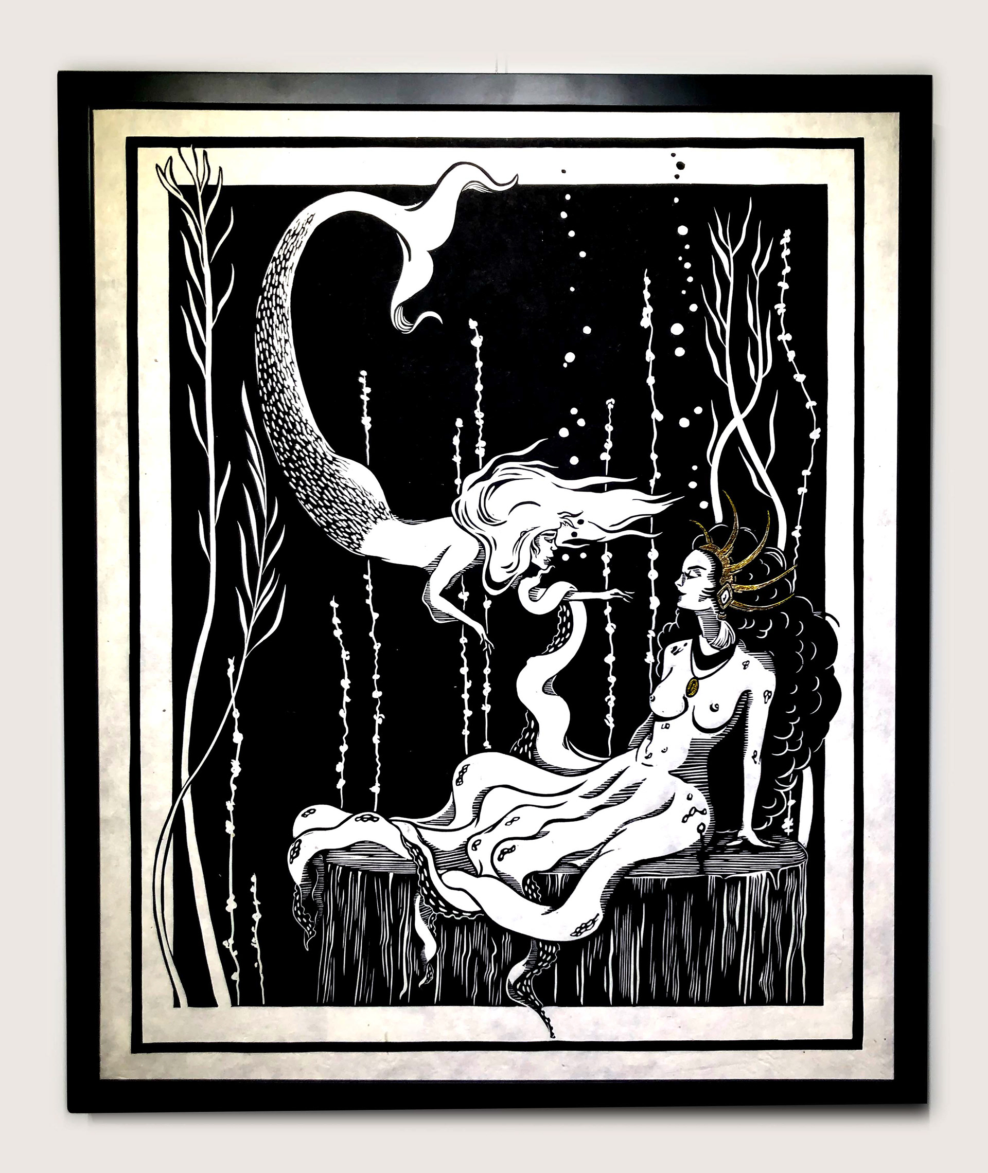 "Singing Her Last Song" 24x20in on Lokta paper. Inspired from the story "The Little Mermaid" by Hans Christian Andersen.