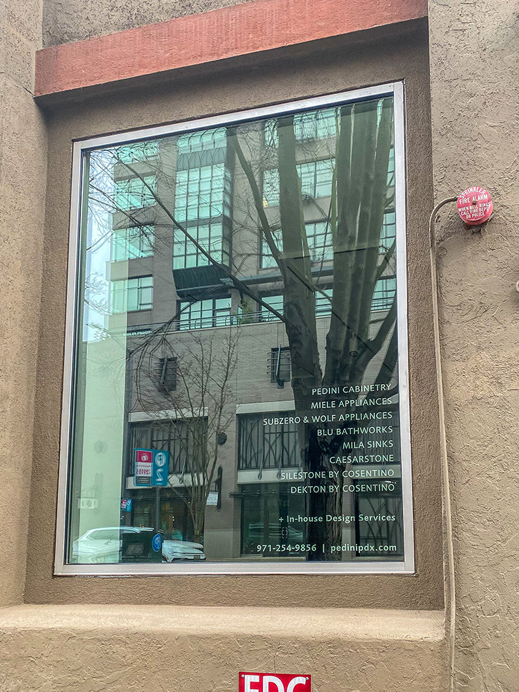 WINDOW VINYL MOCKED UP TO SIZE: CLIENT PEDINI NW