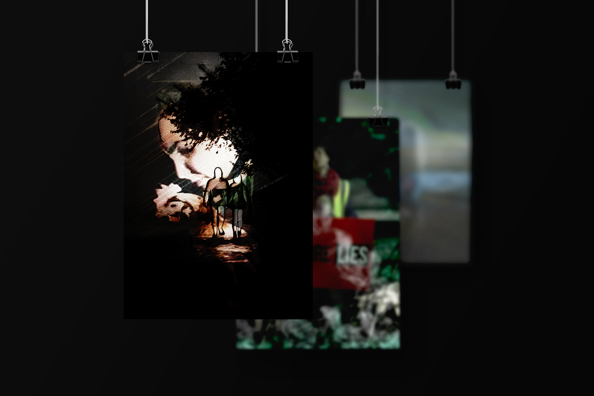 Three hanging poster mockups with the front poster as the main focal point. A woman holds a hen blended with a silhouette of a couple walking down a dark foggy street