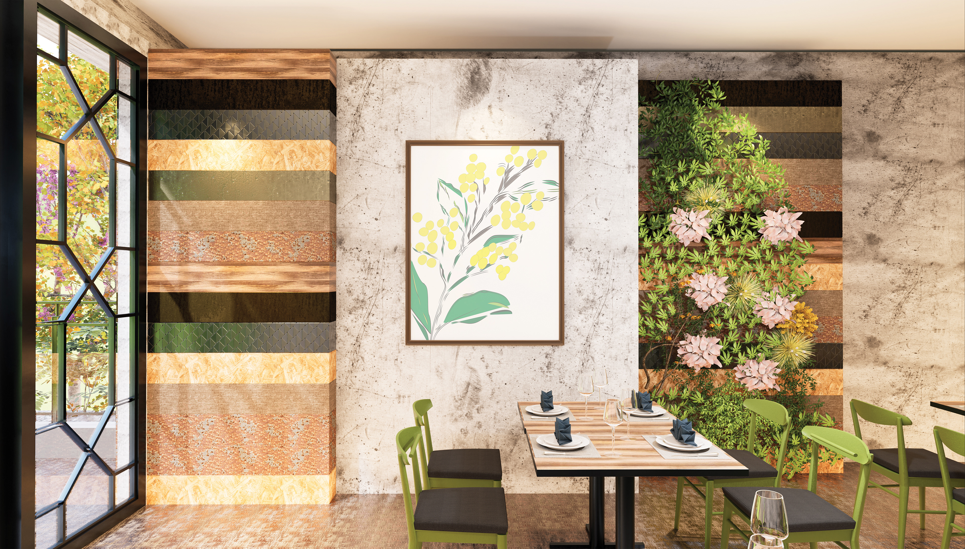 A branding concept mockup for 'In Kind' cafe and community garden featuring a framed image of the hand-drawn wattle motif mounted on a cafe wall. This demonstrates how the motif can be carried throughout the interior space as decorative branding