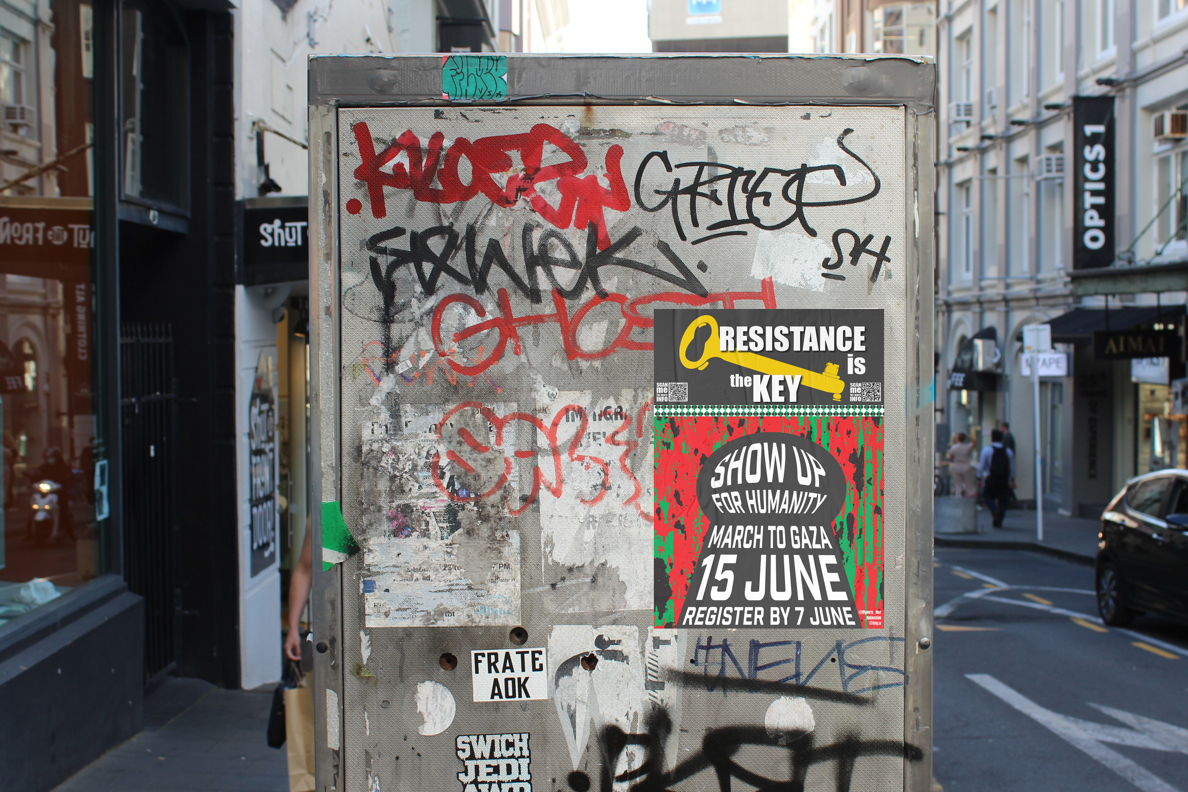 Urban street poster mock up for Flyers for Falstin feat a yellow key on a black background with Bold writing that states "Resistance is the Key. The poster advertises the March to Gaza held in June 2025. Show up for Humanity. 