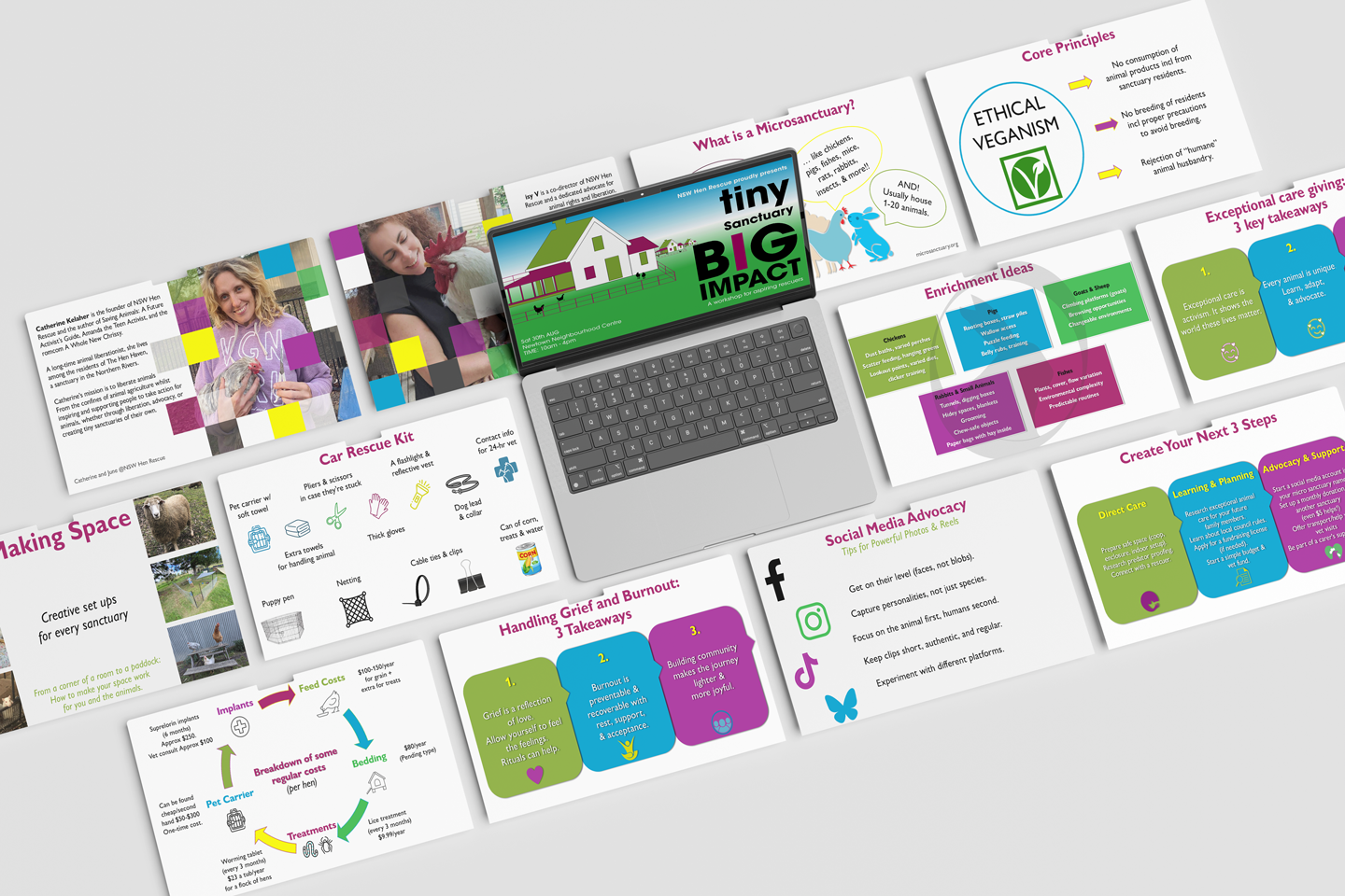 Mock up of presentation deck for Tiny Sanctuary BIG Impact workshop featuring cover image and content slides