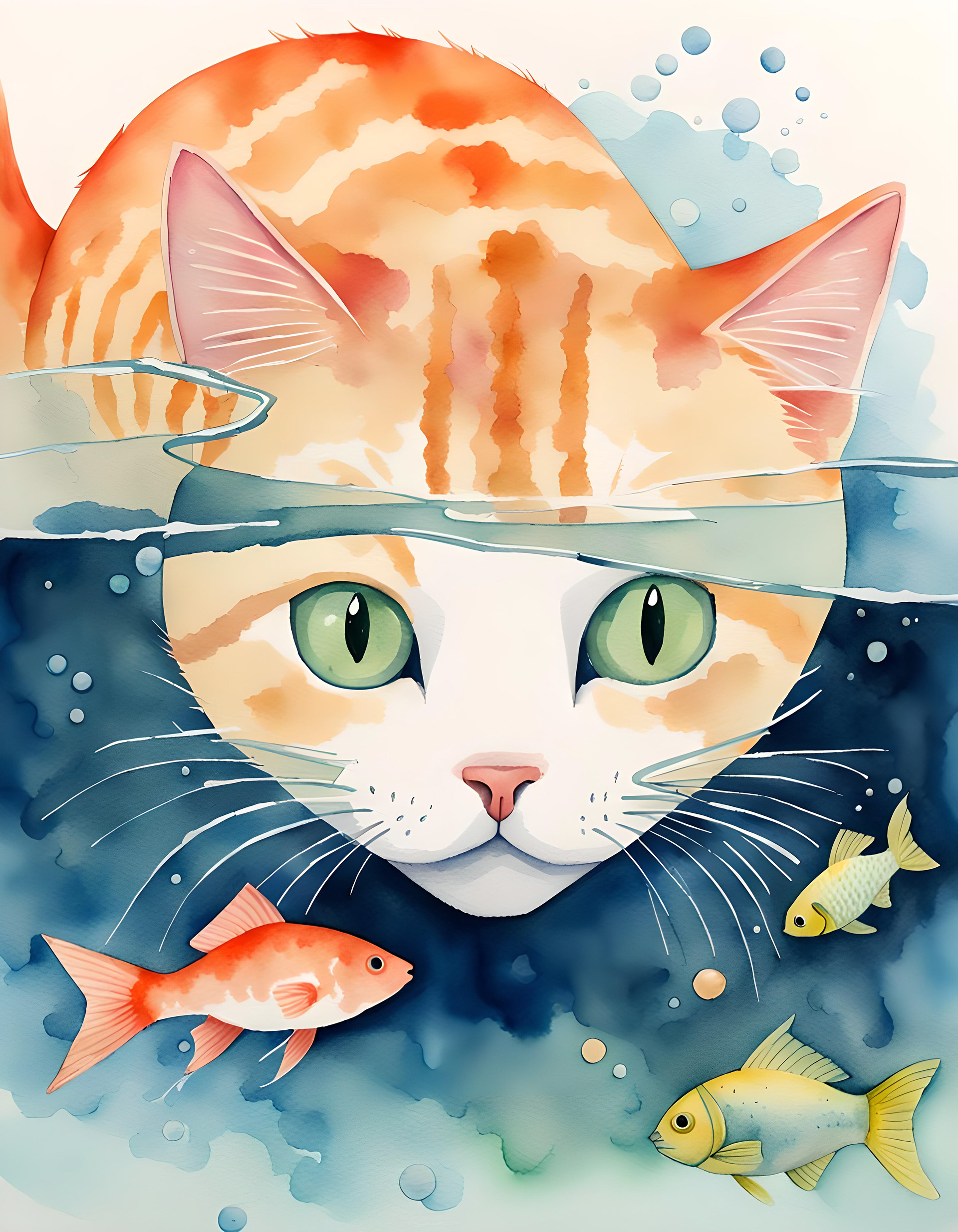 An inquisitive orange and white cat with emerald eyes gazes into the water, watching three vibrant fish swim beneath. The scene captures a blend of the world above and the underwater realm, offering a distinctive view of the cat's expression and the marine life. Cat in a Fishbowl