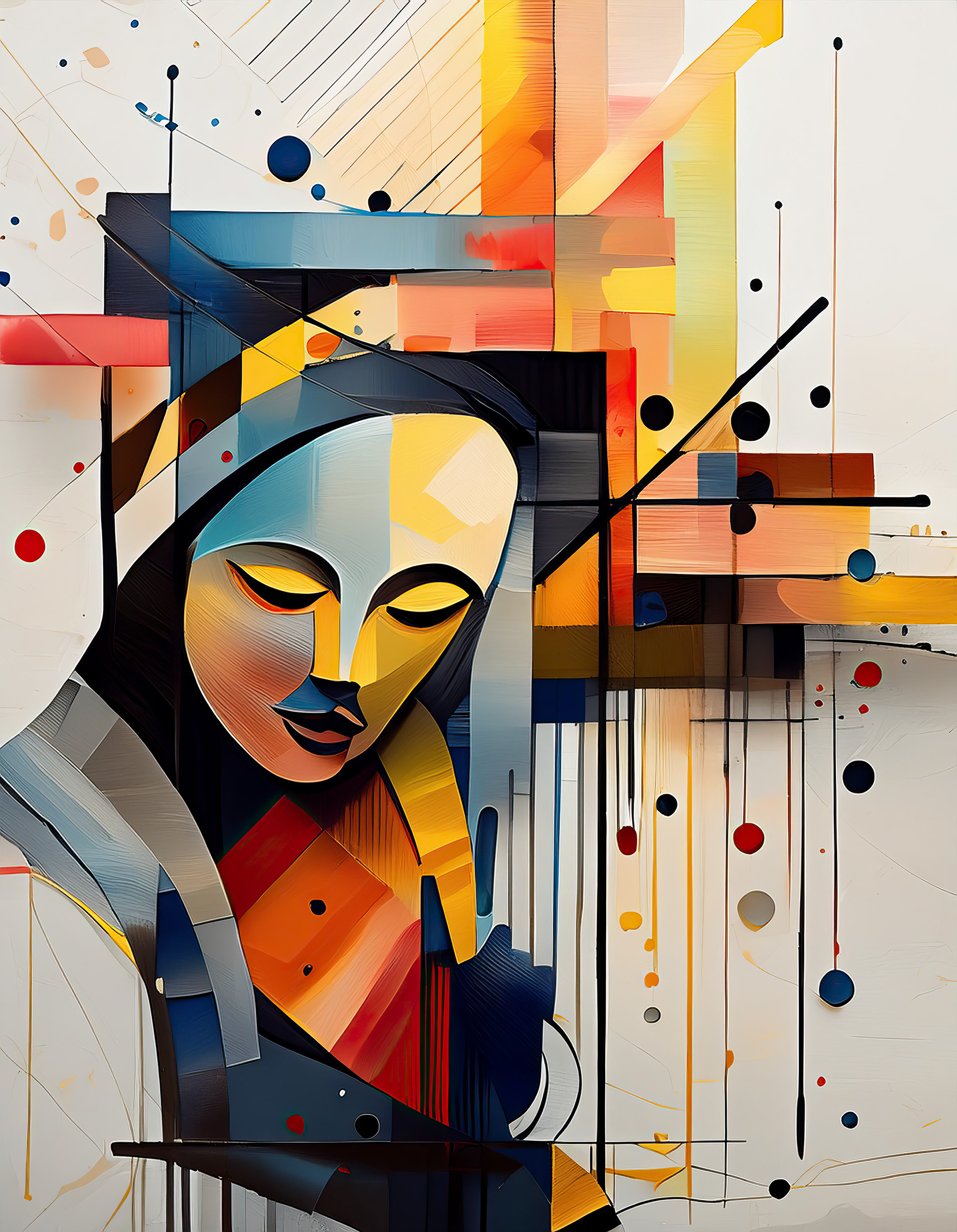 The geometric abstract composition depicts a figure with a tranquil expression, encircled by vibrant blocks and lines. The striking employment of primary colors and geometric shapes yields a lively yet soothing ambiance, aptly named 'Madonna Meditation'.
