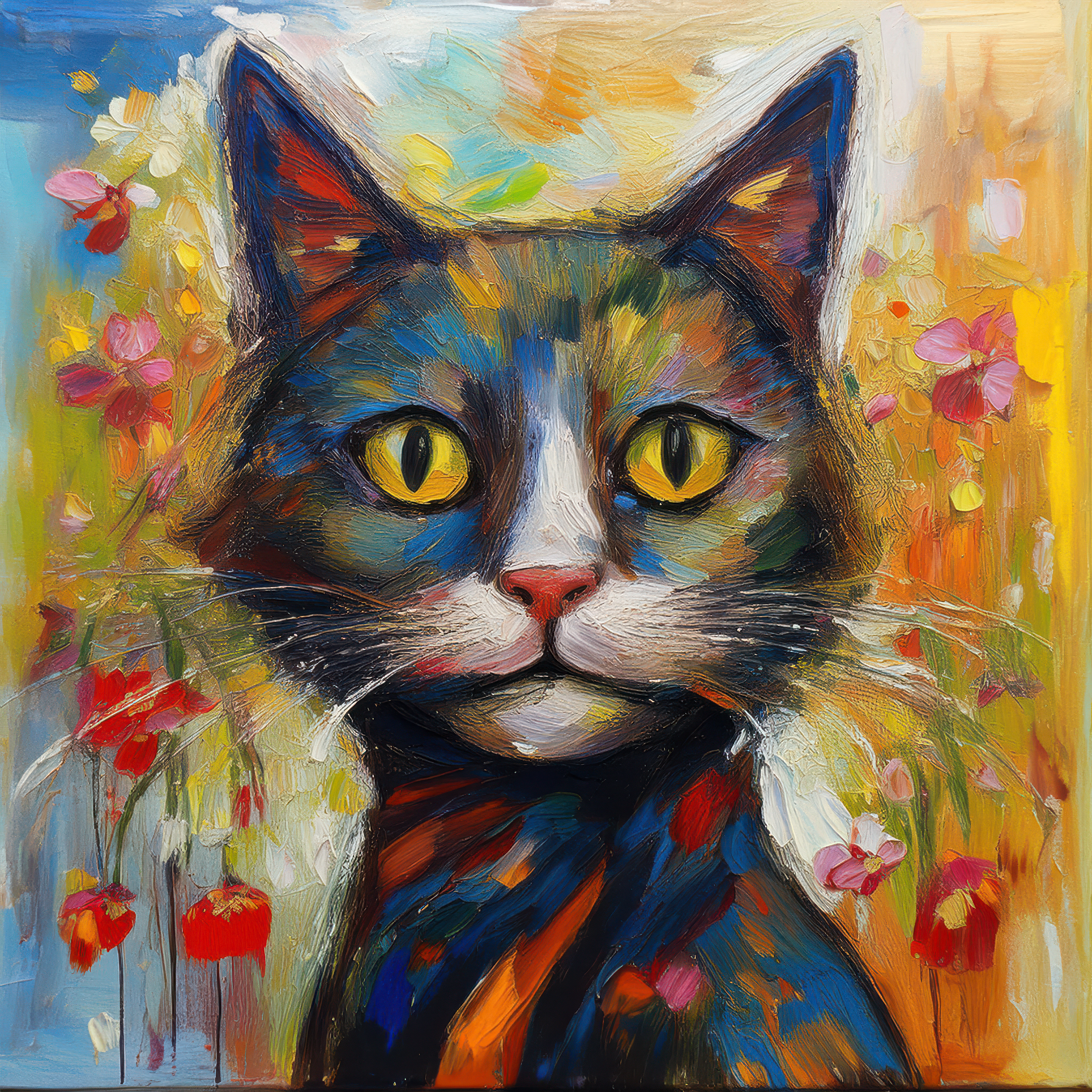 A vibrant and playful oil painting of a cat surrounded by a colorful garden. The cat's fur is a kaleidoscope of blues, grays, and whites, and its bright yellow eyes sparkle with curiosity. The background is a riot of colors, with flowers in shades of red, pink, yellow, and purple. The brushwork is loose and expressive, creating a sense of movement and energy. The overall mood of the painting is joyful and uplifting.