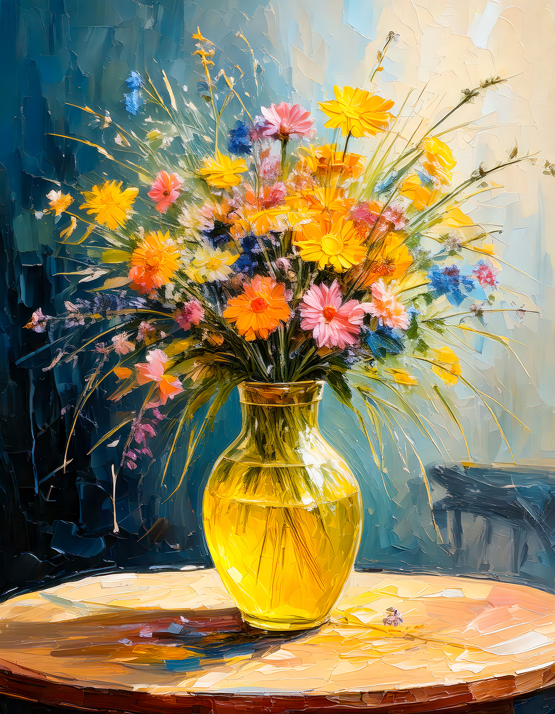 A vibrant display of wildflowers in a sunny yellow vase sits on a round wooden table, with shades of blue and green in the background providing contrast. The flowers include a lively mix of yellows, pinks, oranges, and blues, creating a cheerful and dynamic composition.