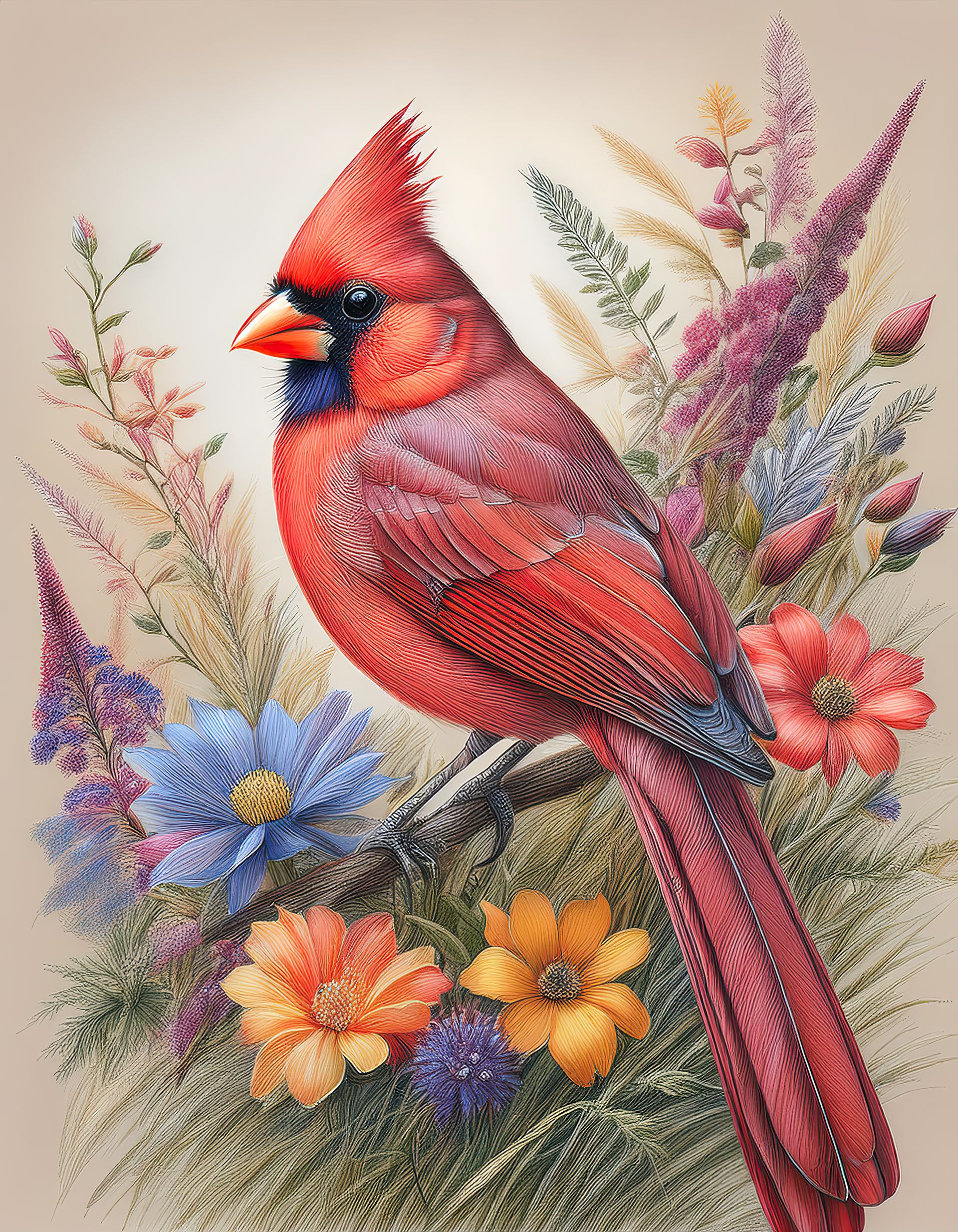 A cardinal, with its vivid red feathers, sits among a variety of vibrant flowers and soft foliage. The bird's bright plumage is a bold contrast to the subtle pastel backdrop.