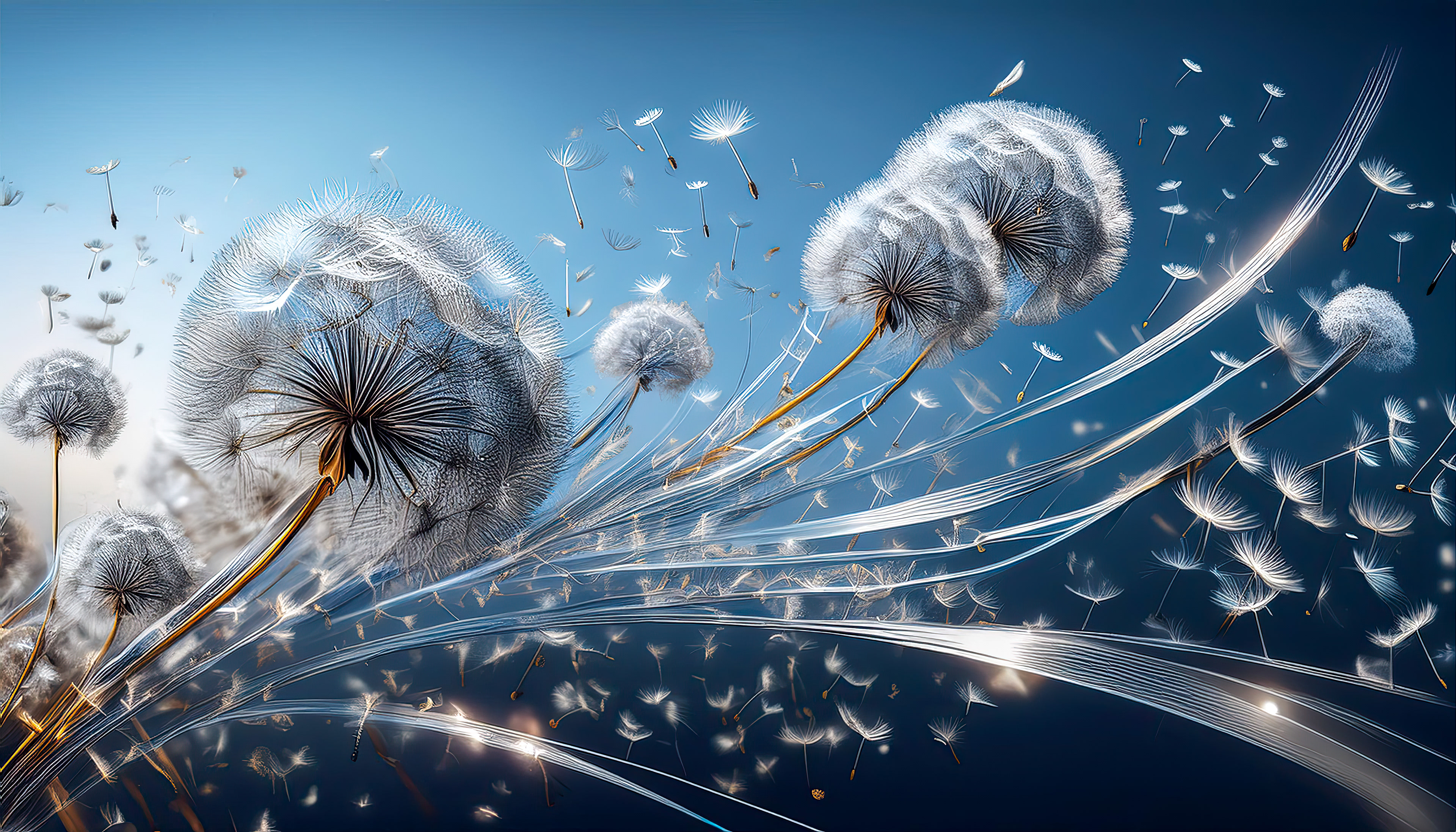 The fragile seeds of a dandelion are borne on the wings of a soft breeze, against the backdrop of an ever-changing blue sky. This serene tableau embodies the essence of motion and liberty, as the seeds pirouette elegantly in the air.