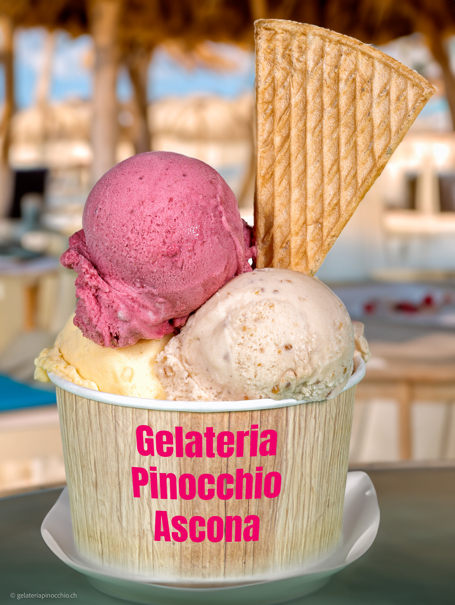 Coppette con diversi gusti Gelateria Pinocchio Ascona
