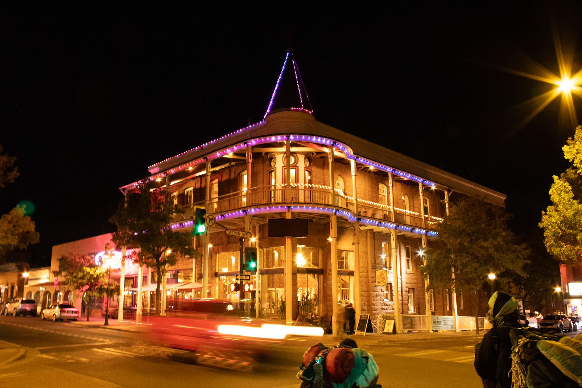 The Weatherford Hotel at night. 