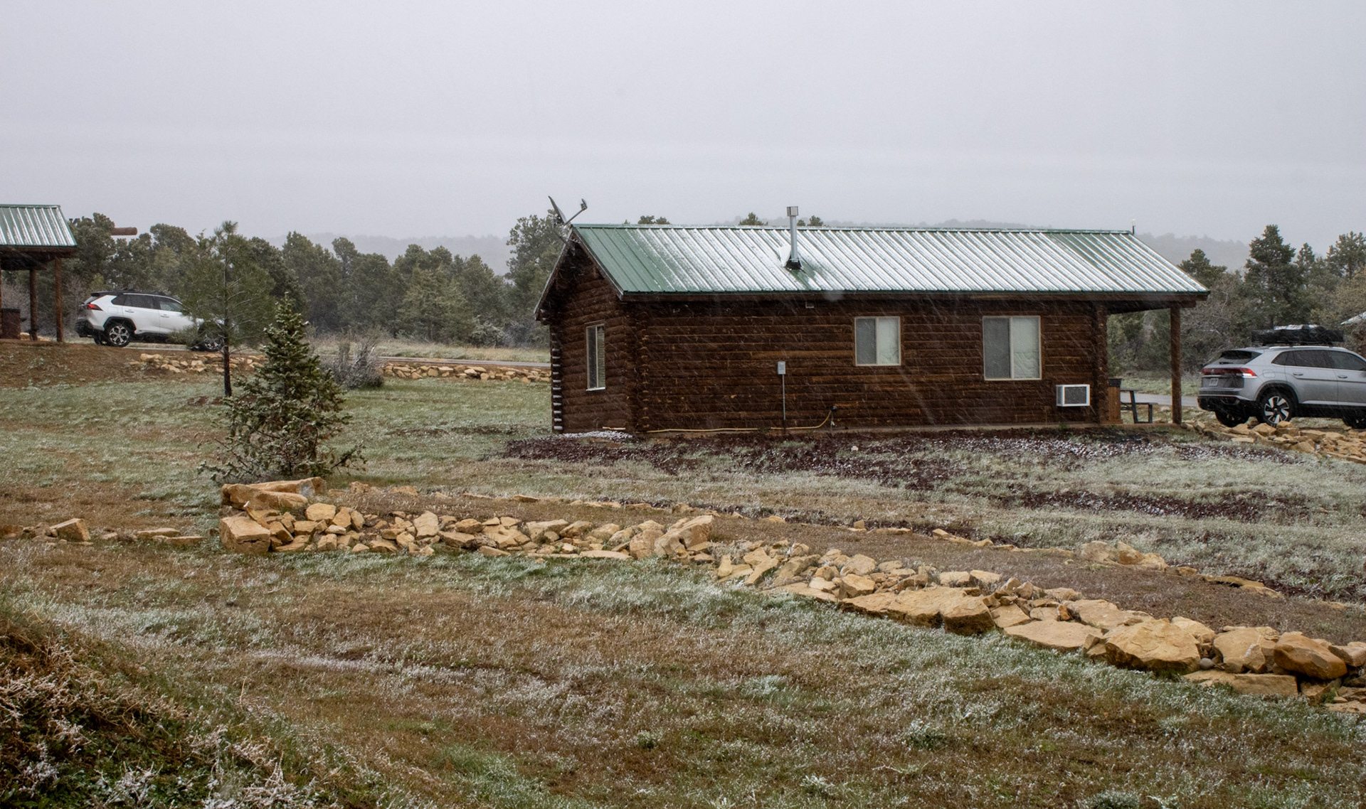 Snow falling at cabin site outside of Zion. 