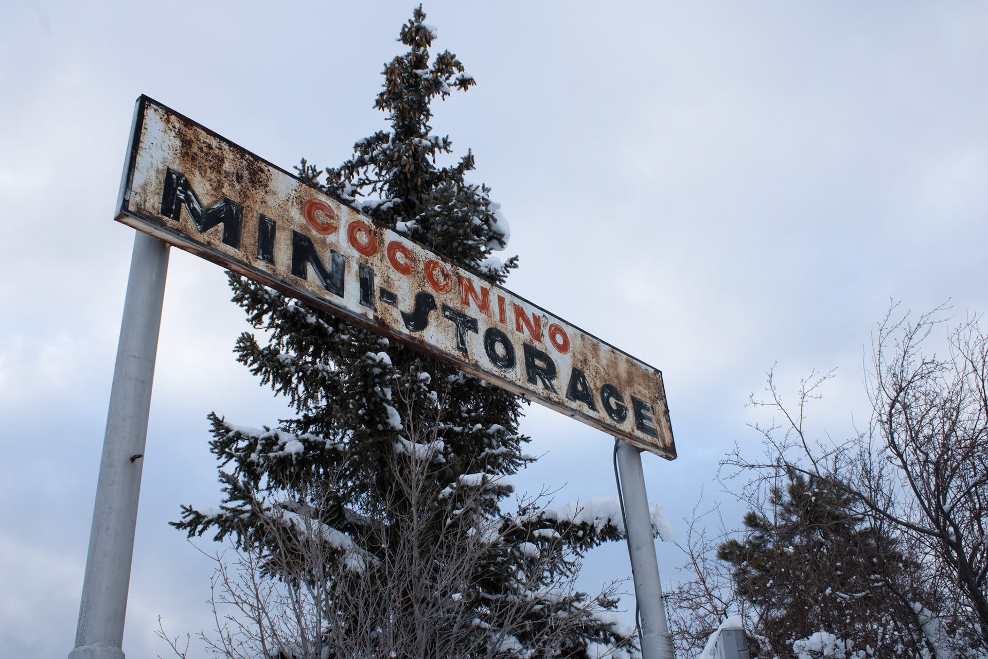 Coconino Mini-Storage sign in front of trees. 