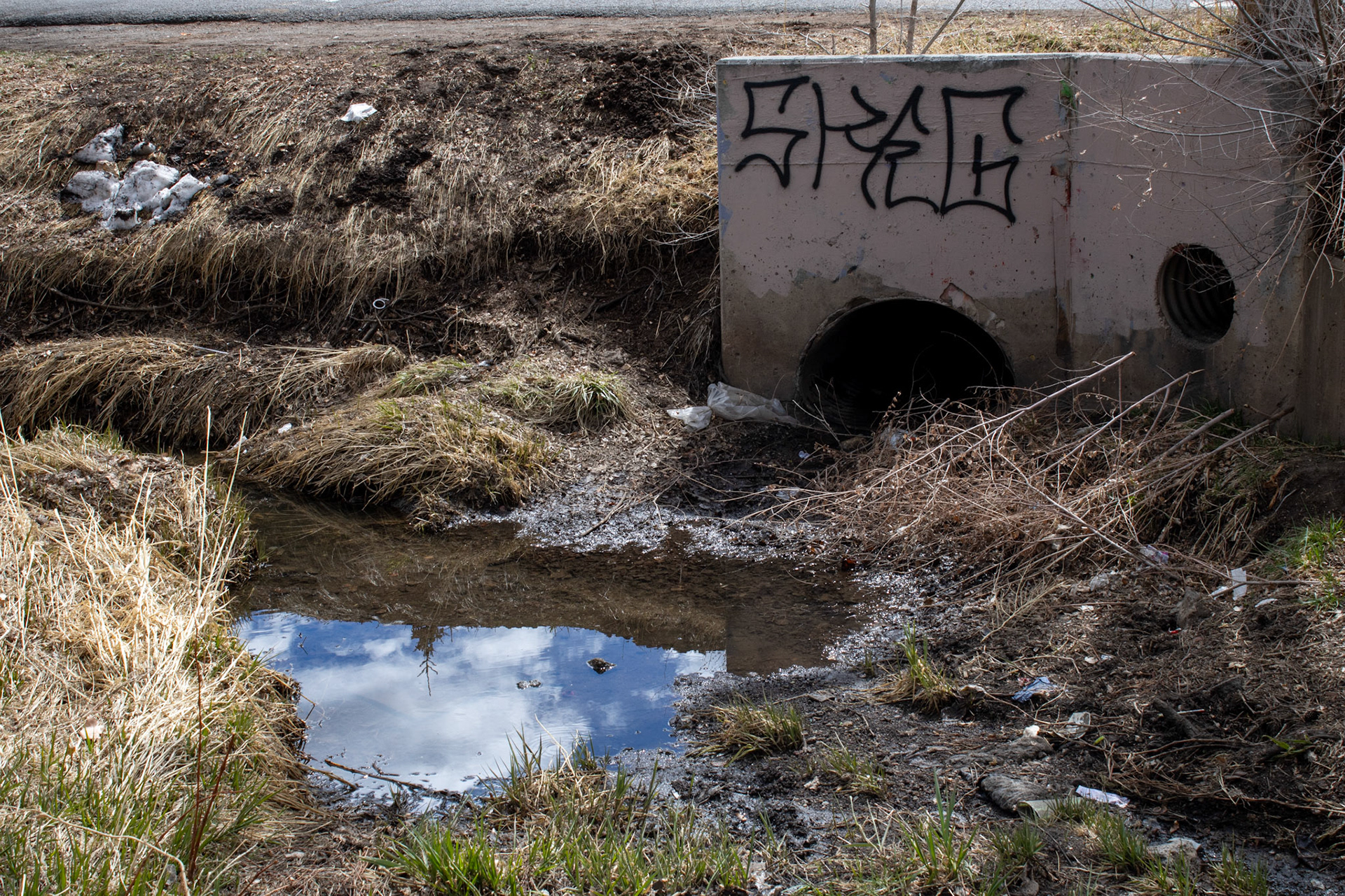 Sewer runoff drain beside road. 