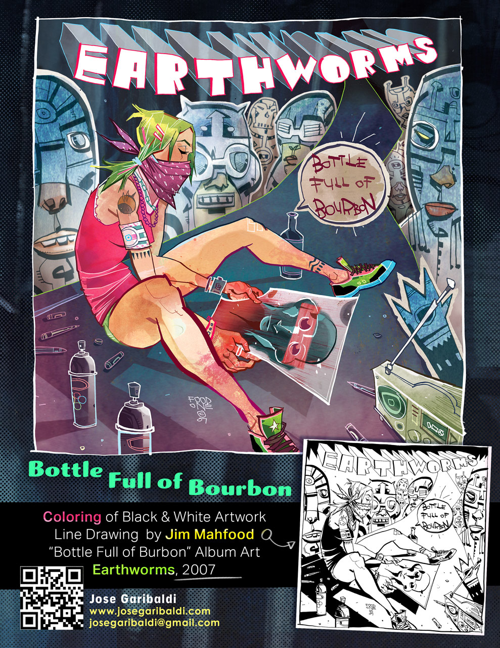 Earthworms - Bottle Full of Bourbon Line Art by Jim Mahfood Color & Design by Jose Garibaldi created in 2007 josegaribaldi.com ©2007 Jim Mahfood ©2025 Jose Garibaldi