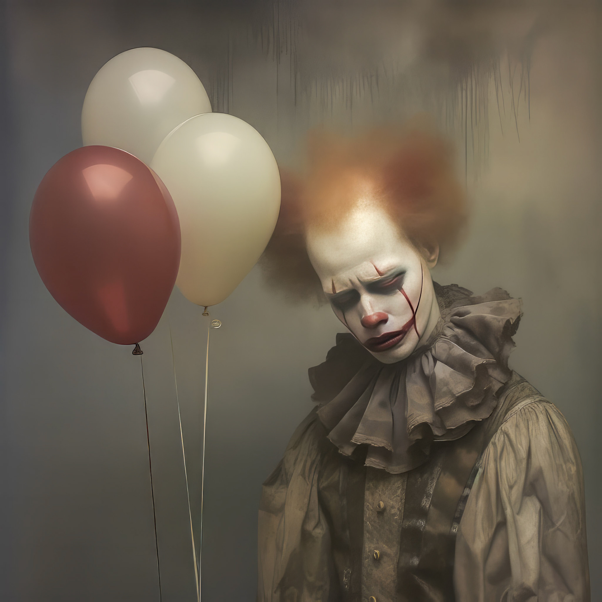 a sad clown cries and smears his makeup. lots of very colorful balloons, strong metallic background, --chaos 20 --style dXYh5GA8XvnR7HD --v 5.2 Job ID: c0f97cfd-eeb1-4424-be6f-6ff0ee6ae70b