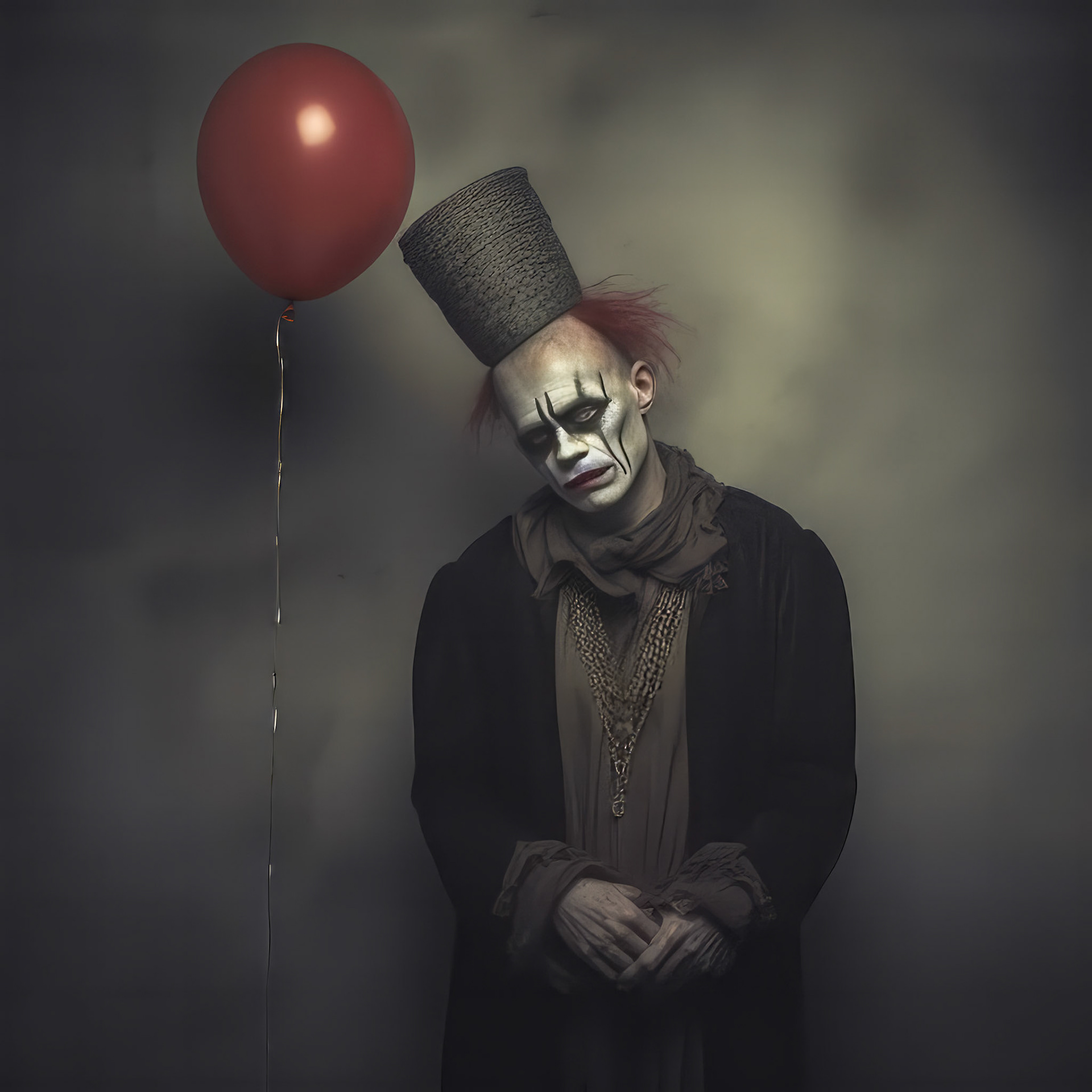 a sad clown cries and smears his makeup. lots of very colorful balloons, strong metallic background, --chaos 20 --style dXYh5GA8XvnR7HD --v 5.2 Job ID: 624634ee-fe5f-439b-aff5-f4f65ff8fe1f