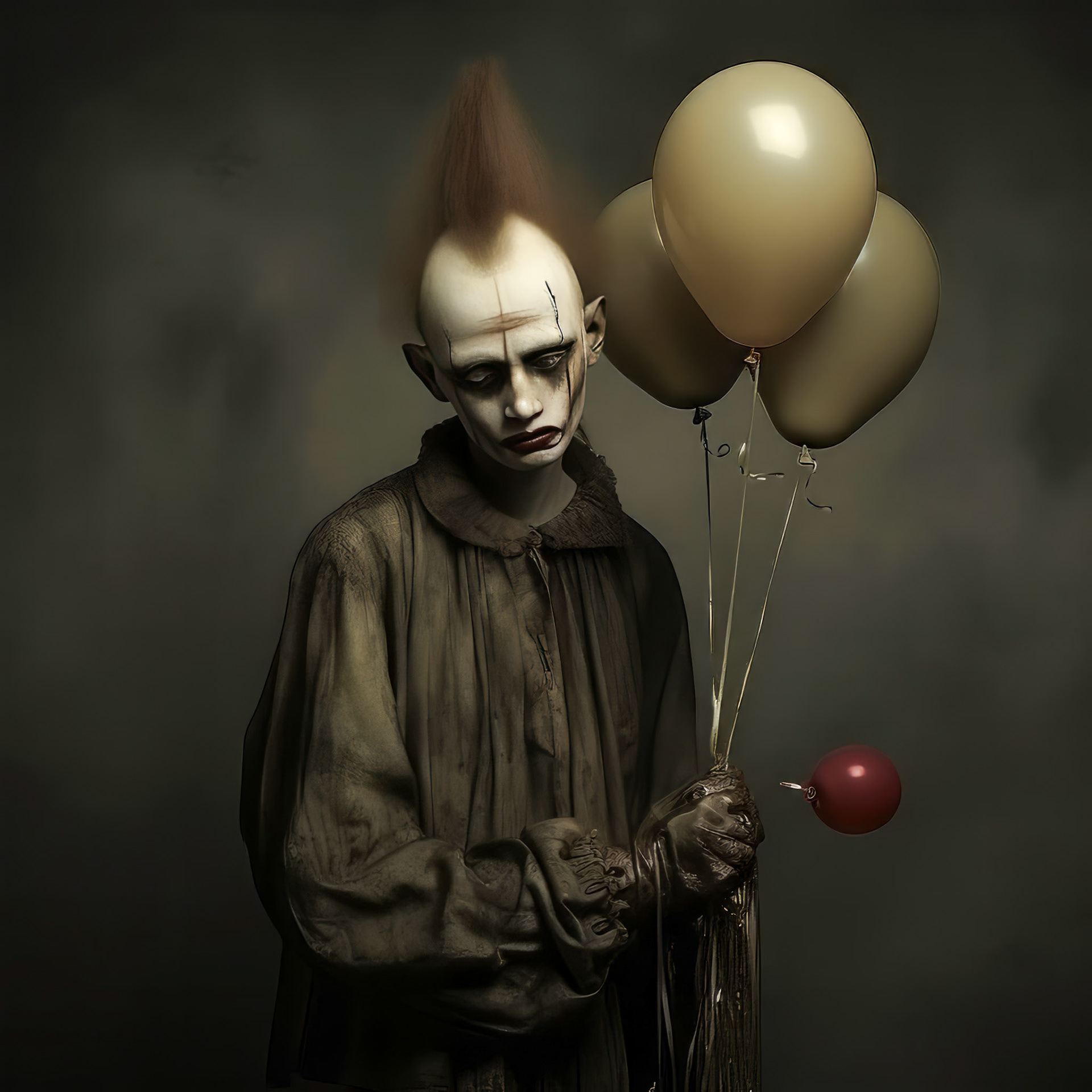 a sad clown cries and smears his makeup. lots of very colorful balloons, strong metallic background, --chaos 20 --style dXYh5GA8XvnR7HD --v 5.2 Job ID: da9cff93-9dc8-4210-bfd1-20b8e7f8171a