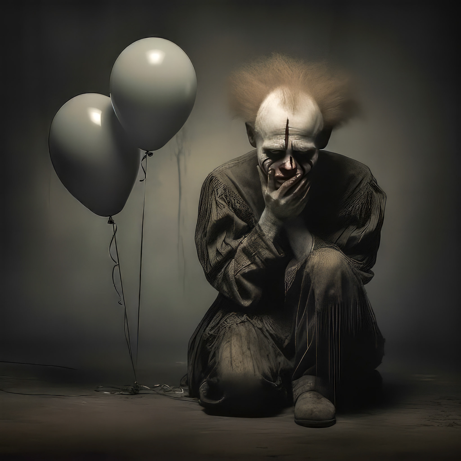 a sad clown cries and smears his makeup. lots of very colorful balloons, strong metallic background, --chaos 20 --style dXYh5GA8XvnR7HD --v 5.2 Job ID: 6cdbb72b-f7b8-4d44-86c2-f32111b9c03d