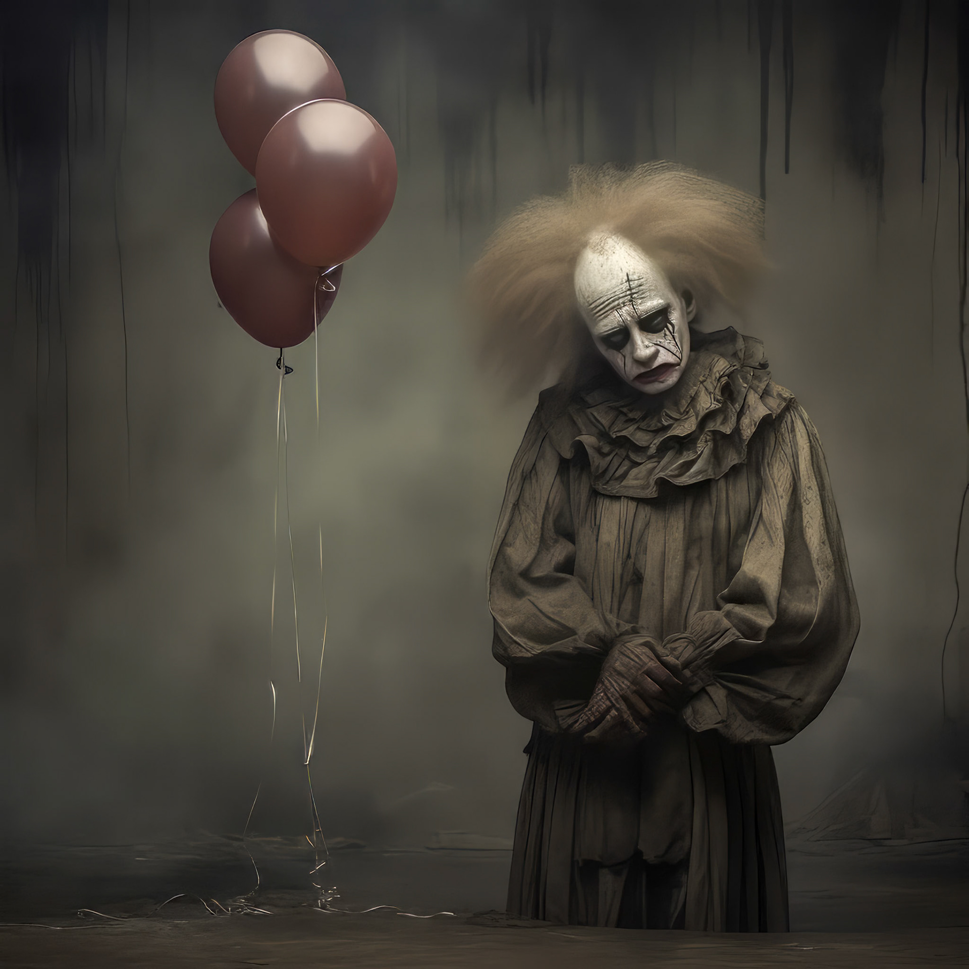 a sad clown cries and smears his makeup. lots of very colorful balloons, strong metallic background, --chaos 20 --style dXYh5GA8XvnR7HD --v 5.2 Job ID: de90a895-6540-43ed-918b-93aa81809562