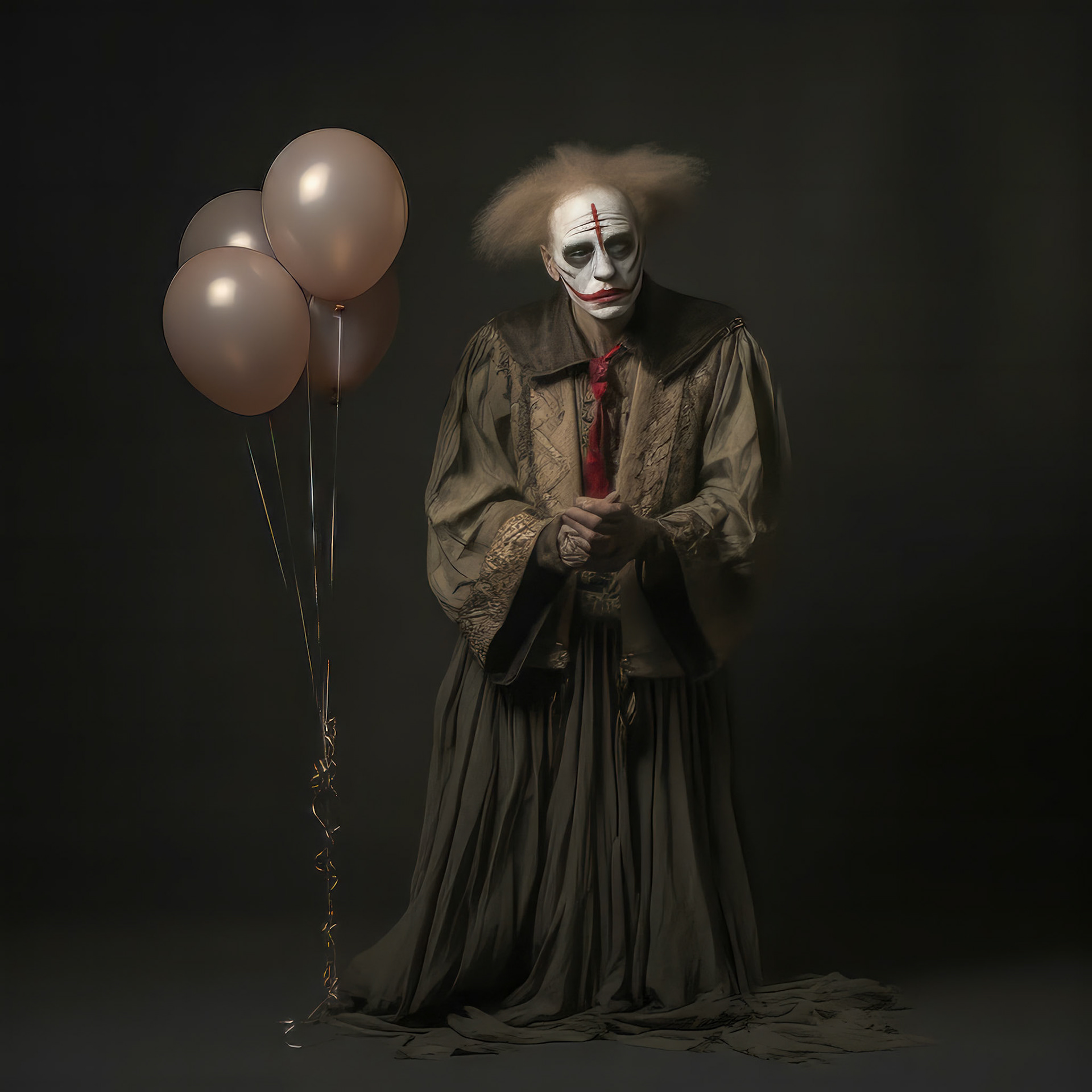 a sad clown cries and smears his makeup. lots of very colorful balloons, strong metallic background, --chaos 20 --style dXYh5GA8XvnR7HD --v 5.2 Job ID: e84b86af-00be-46b8-bdc2-238d06b3a24e