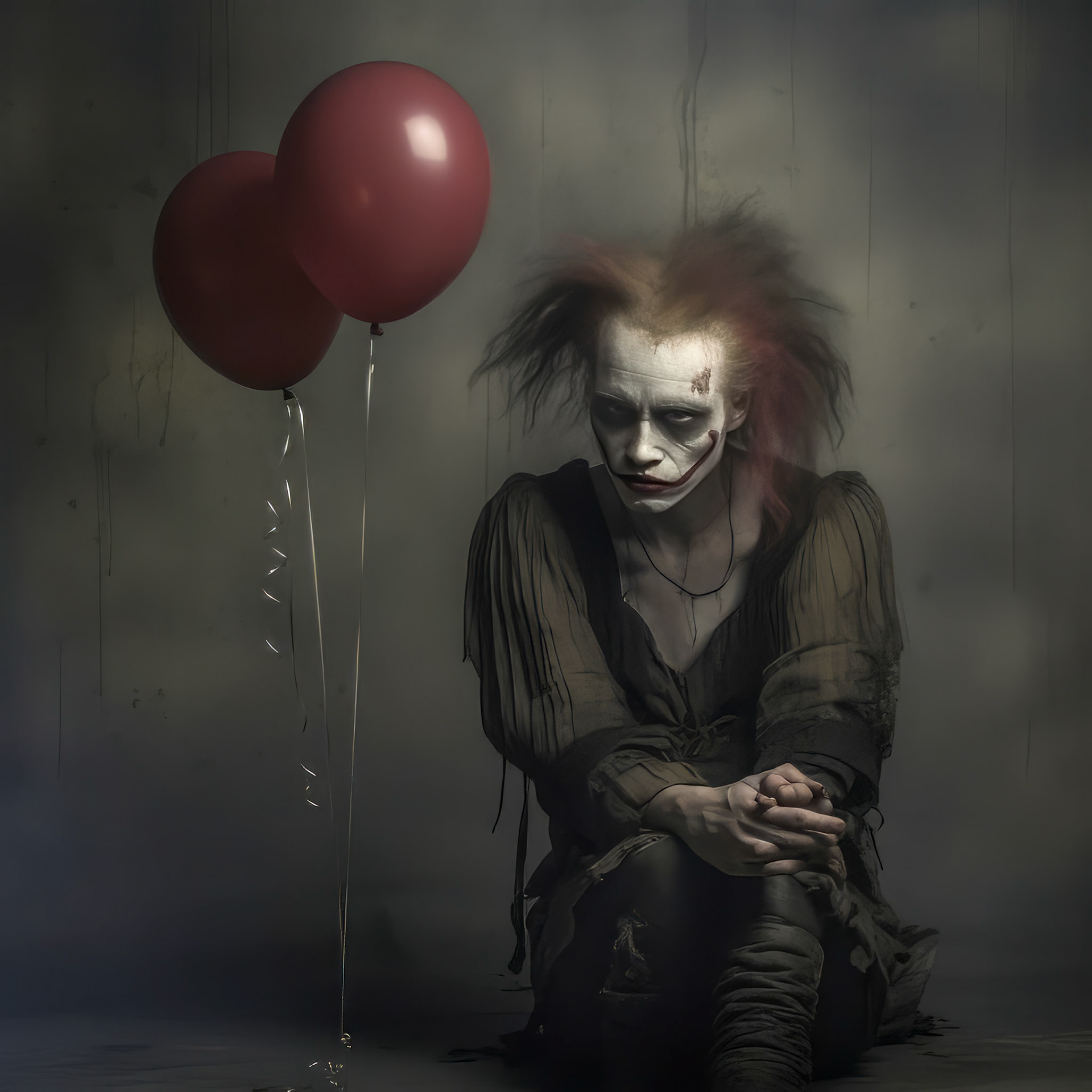 a sad clown cries and smears his makeup. lots of very colorful balloons, strong metallic background, --chaos 20 --style dXYh5GA8XvnR7HD --v 5.2 Job ID: e16c2312-ace9-47bb-a207-1de341adb47a