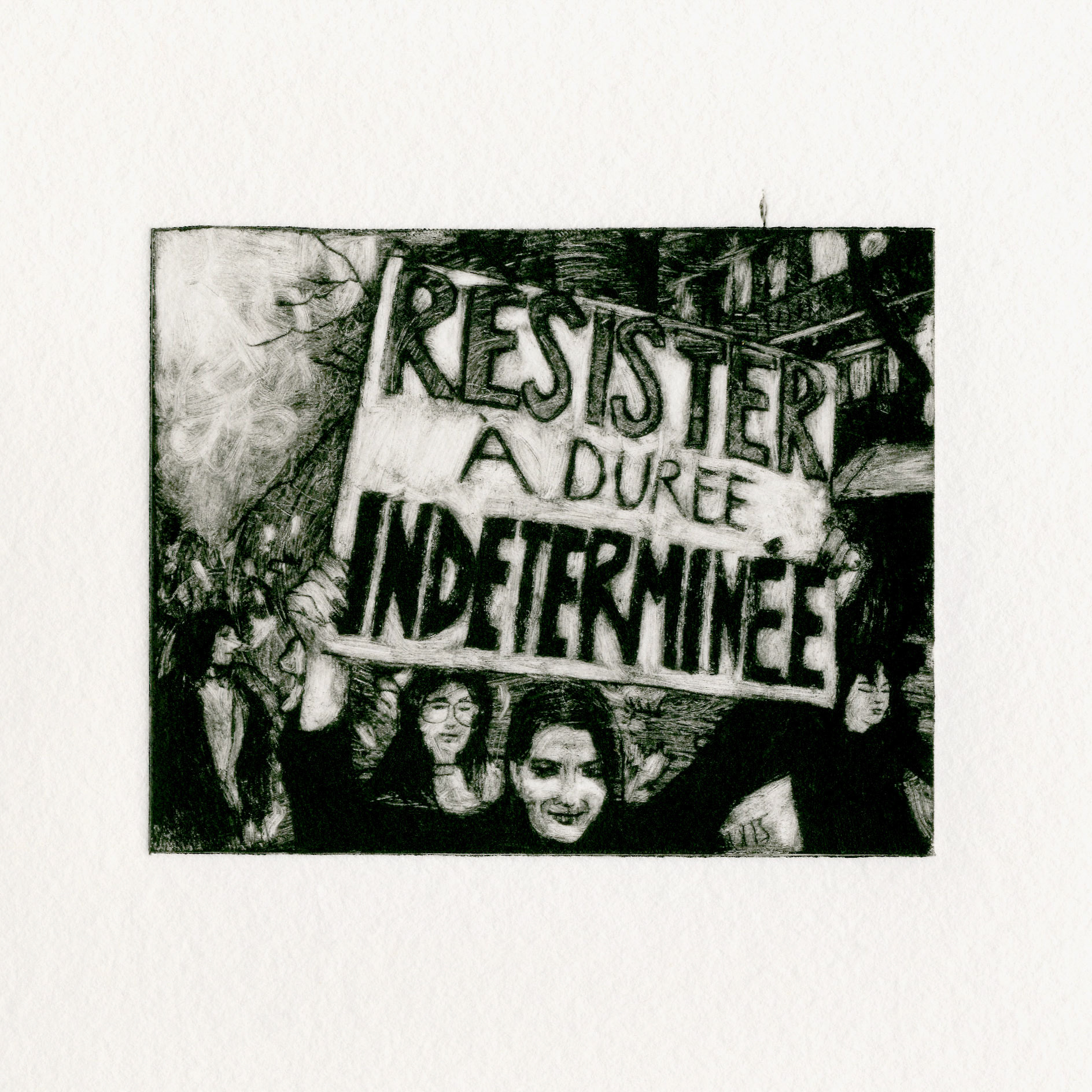 Il fait sombre au pays des lumières (à partir d'une photographie de Serge d'Ignazio), série En Lutte, 2024 pointe seche et monotype sur rhénalon © Alexia Atmouni