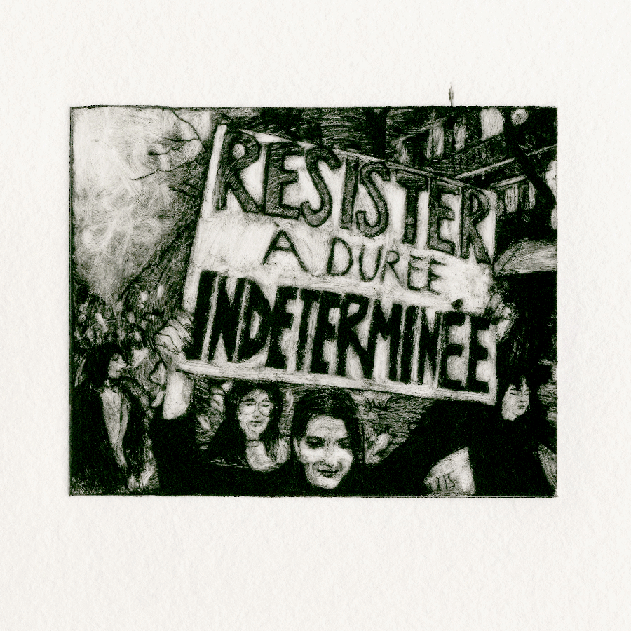 Il fait sombre au pays des lumières (à partir d'une photographie de Serge d'Ignazio), série En Lutte, 2024 pointe seche et monotype sur rhénalon © Alexia Atmouni