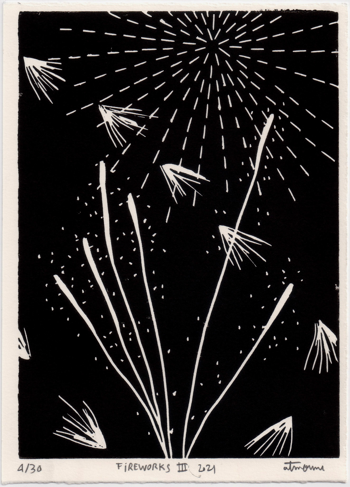 Fireworks III, 2021 - Linogravure imprimée sur papier simili japon, 10,5 x 15 cm ©Alexia Atmouni