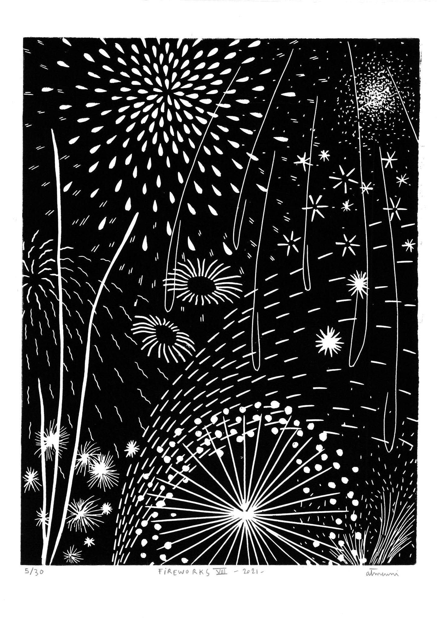 Fireworks VIII, 2021 - Linogravure imprimée sur papier simili japon, 24 x 32 cm ©Alexia Atmouni