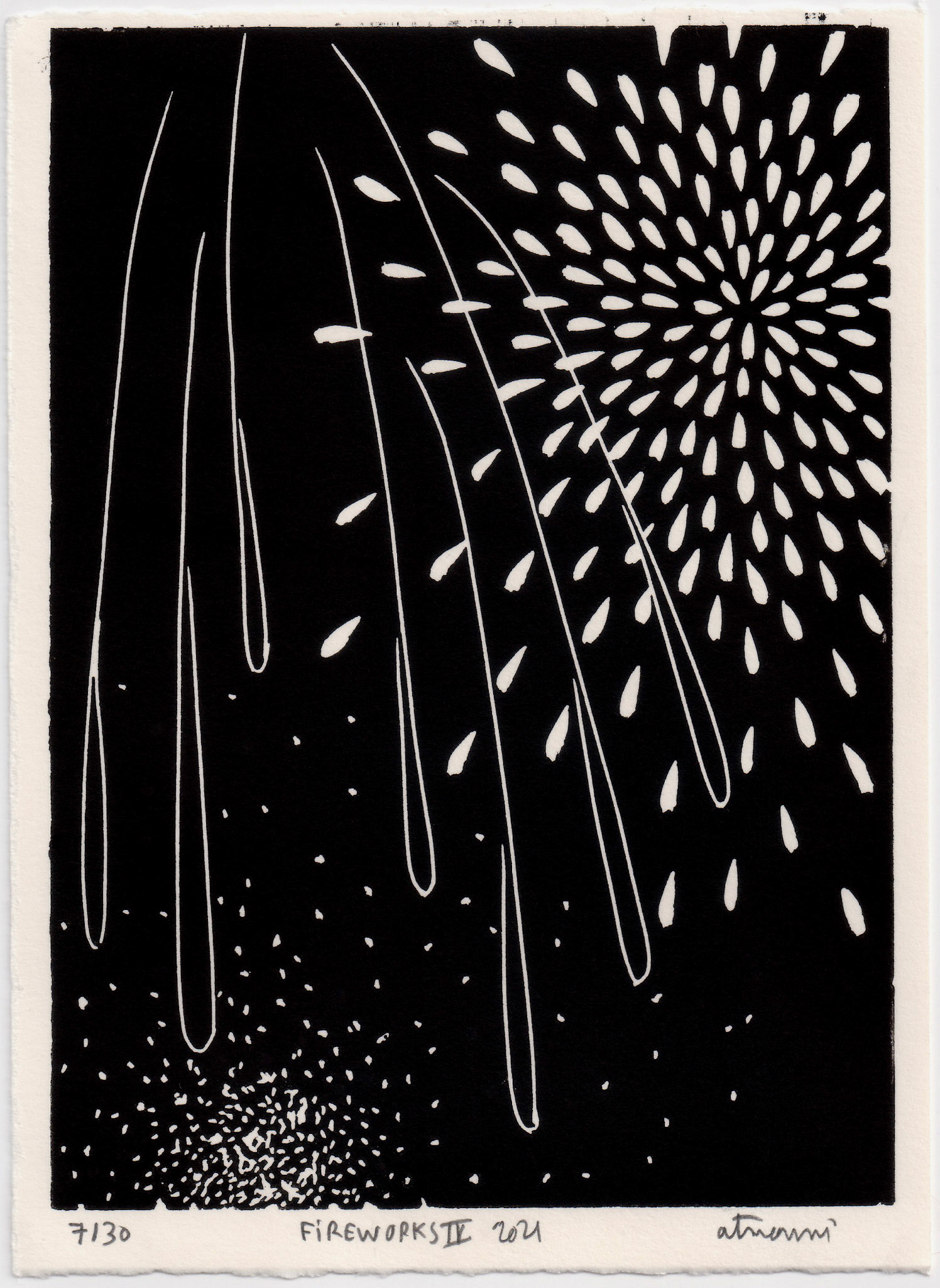 Fireworks IV, 2021 - Linogravure imprimée sur papier simili japon, 10,5 x 15 cm ©Alexia Atmouni