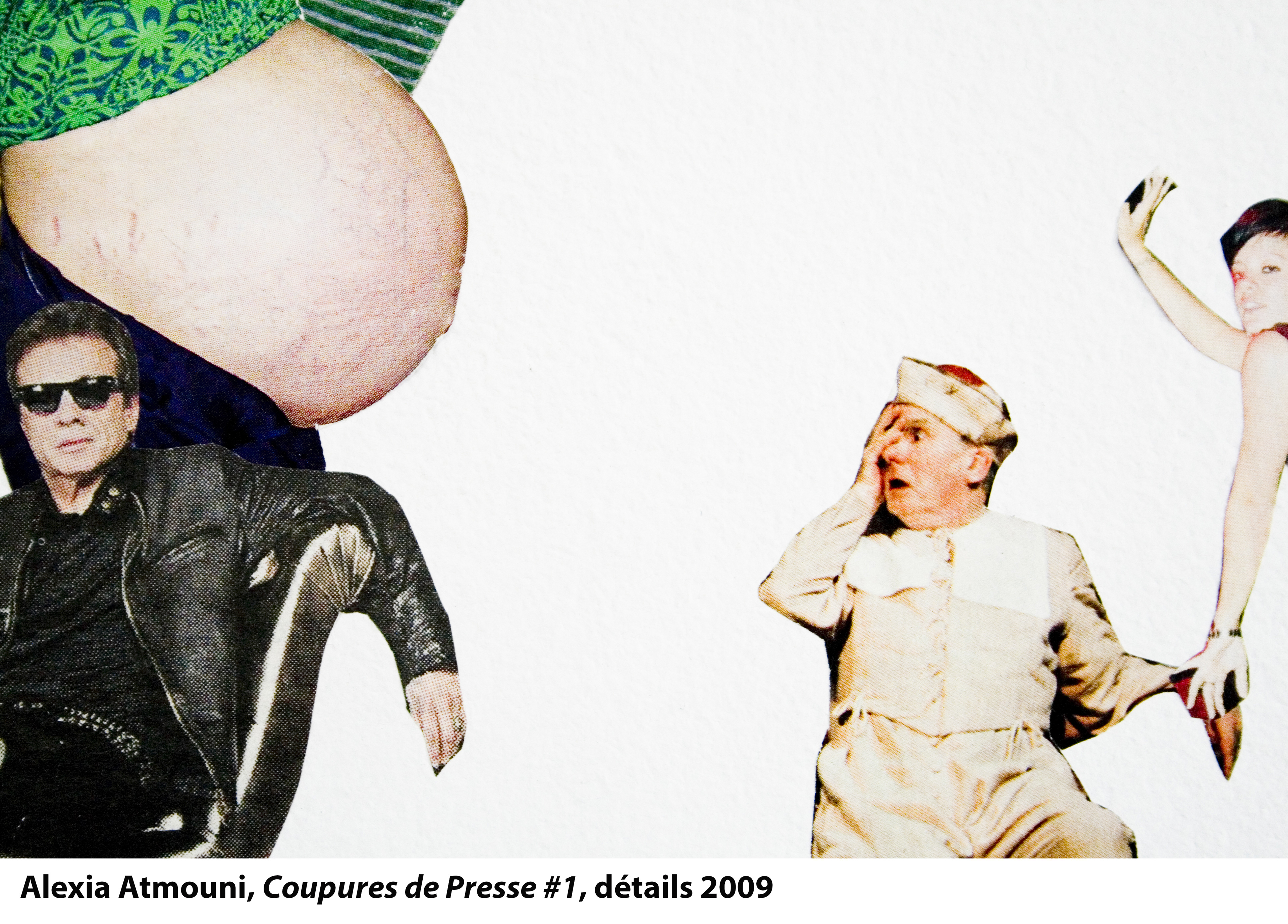Coupures de Presse #1, 2009 (détail), papiers collés au mur, 4 m x 2 m, Exposition “Entre Poire et Fromage World Tour #3», Galerie Interface, Dijon © Alexia Atmouni
