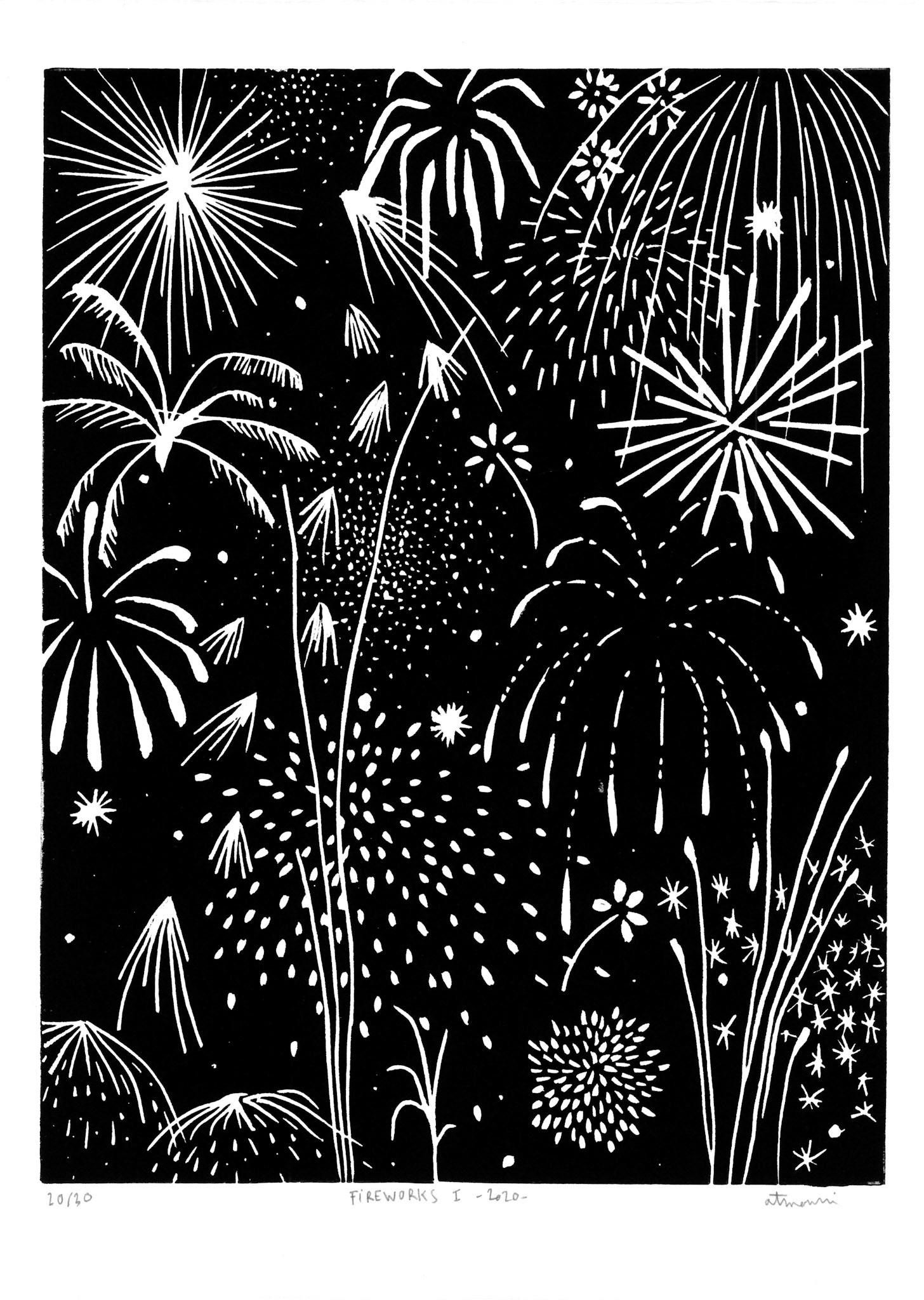 Fireworks I, 2020 - Linogravure imprimée sur papier simili japon, 24 x 32 cm ©Alexia Atmouni