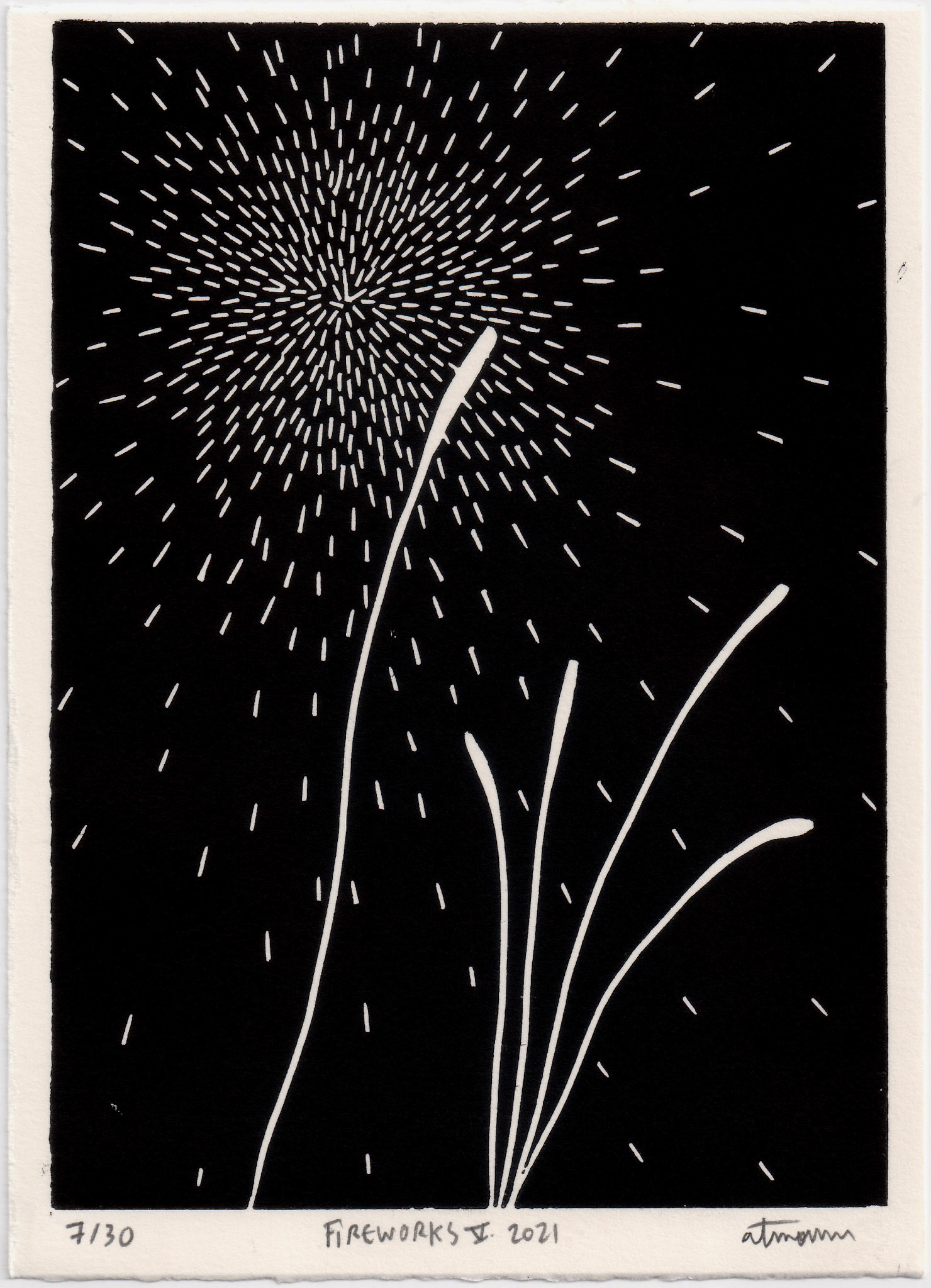Fireworks V, 2021 - Linogravure imprimée sur papier simili japon, 10,5 x 15 cm ©Alexia Atmouni