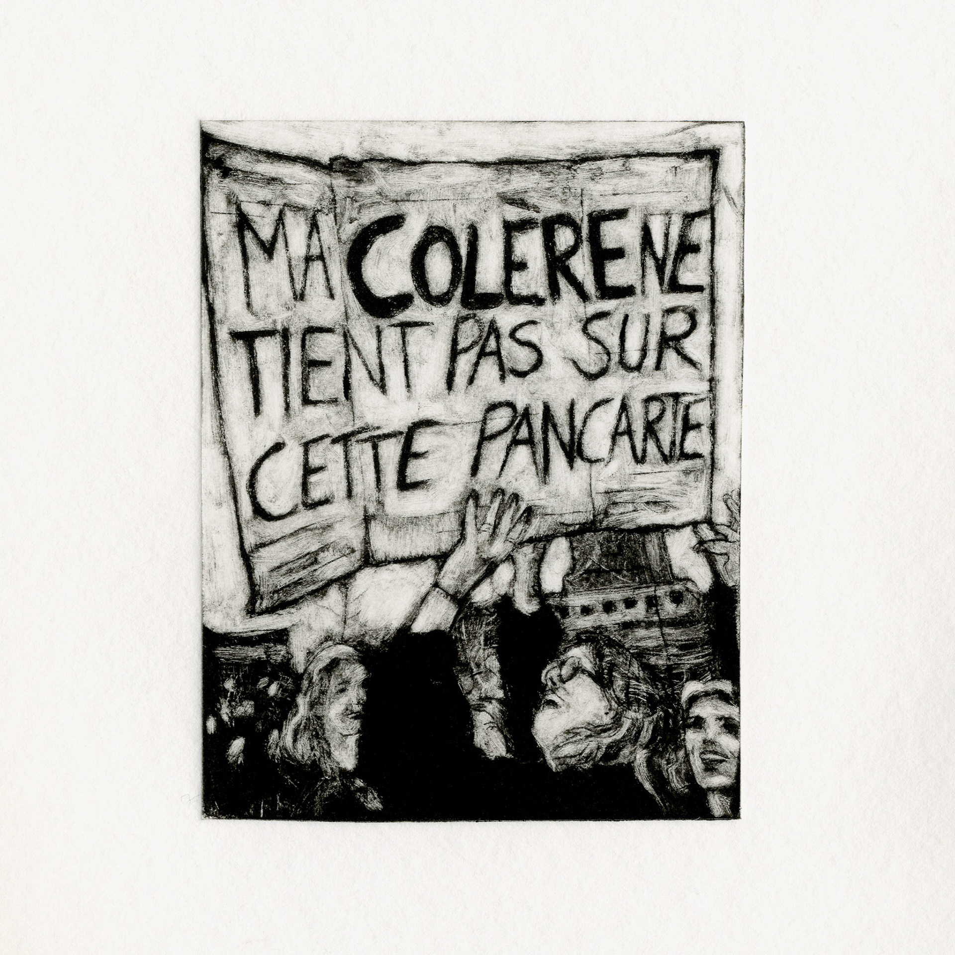 Il fait sombre au pays des lumières (à partir d'une photographie de Serge d'Ignazio), série En Lutte, 2024 pointe seche et monotype sur rhénalon © Alexia Atmouni