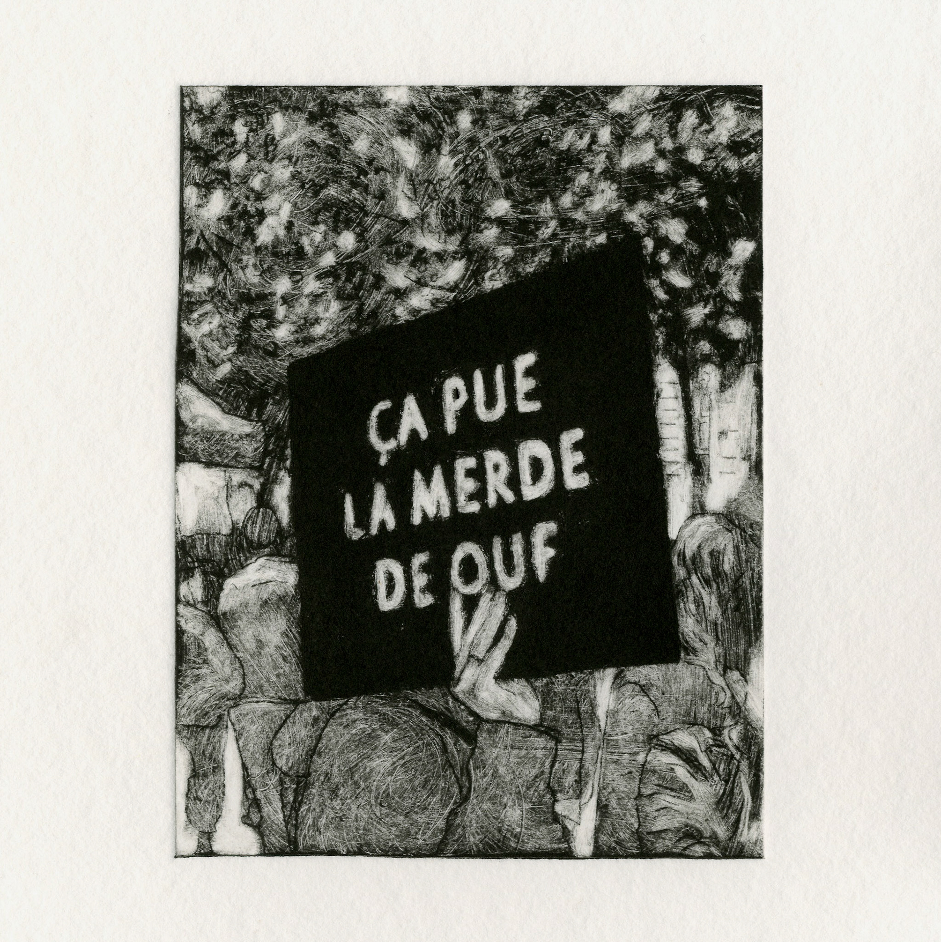 Il fait sombre au pays des lumières, série En Lutte, 2024 pointe seche et monotype sur rhénalon © Alexia Atmouni