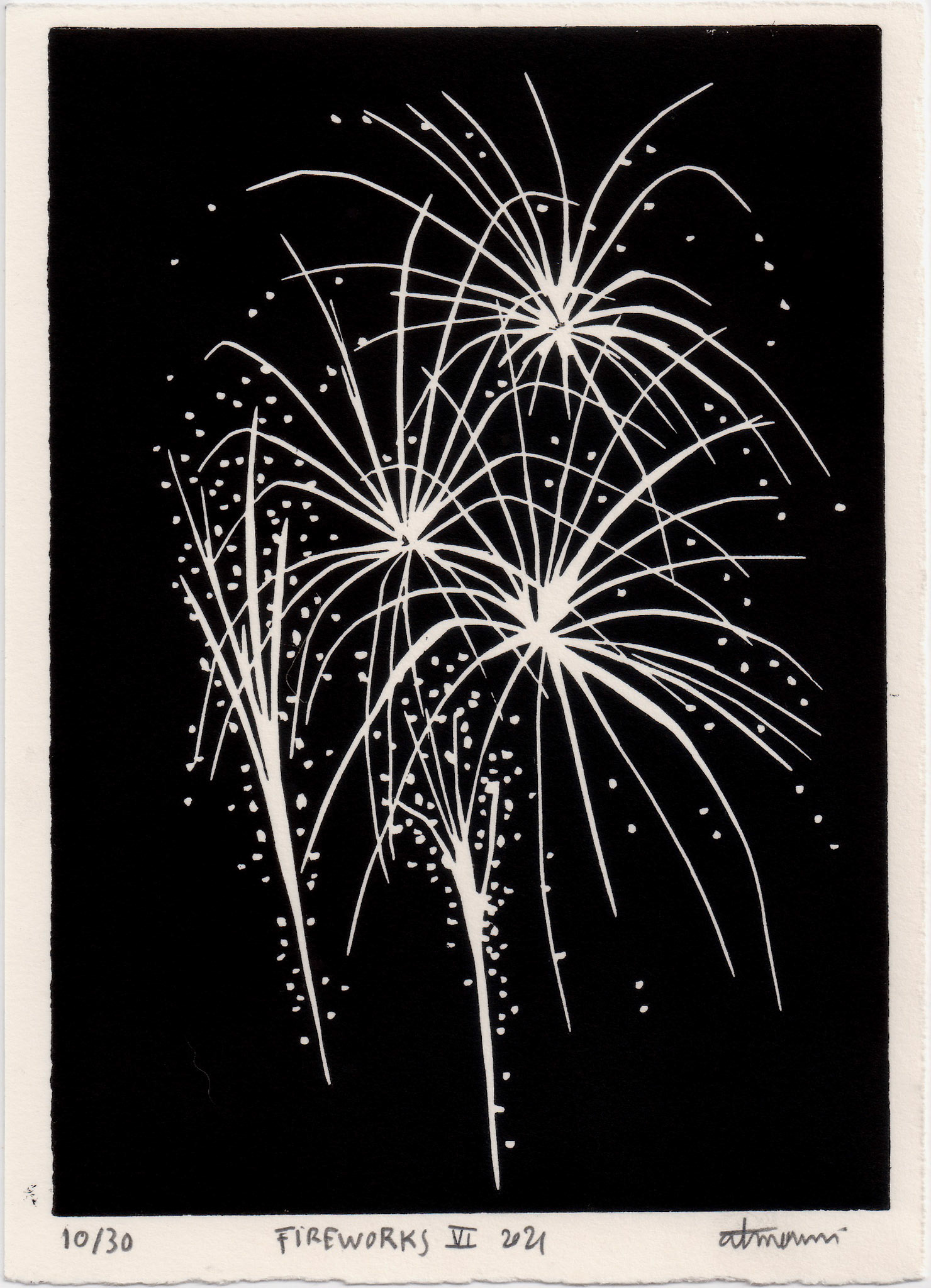 Fireworks VI, 2021 - Linogravure imprimée sur papier simili japon, 10,5 x 15 cm ©Alexia Atmouni