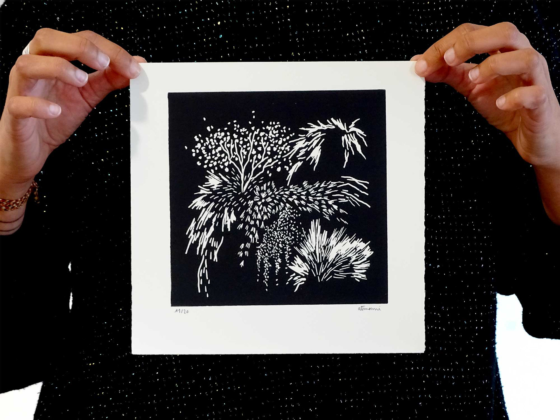 Linogravure tirée à 20 exemplaires Encre aquawash sur papier simili japon 225g/m² 20 x 20 cm - 2021 © Alexia Atmouni