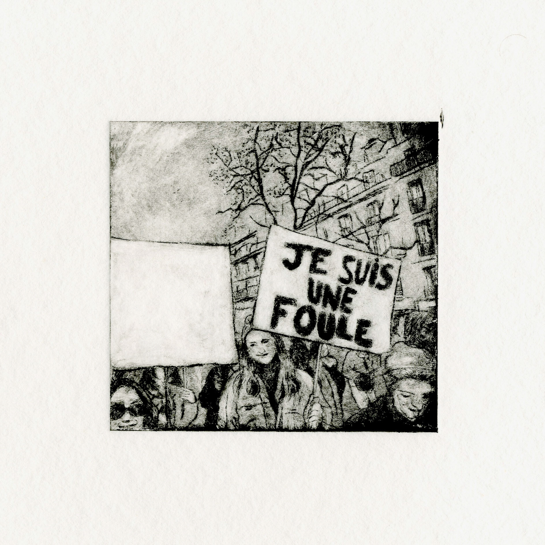 Il fait sombre au pays des lumières, série En Lutte, 2024 pointe seche et monotype sur rhénalon © Alexia Atmouni