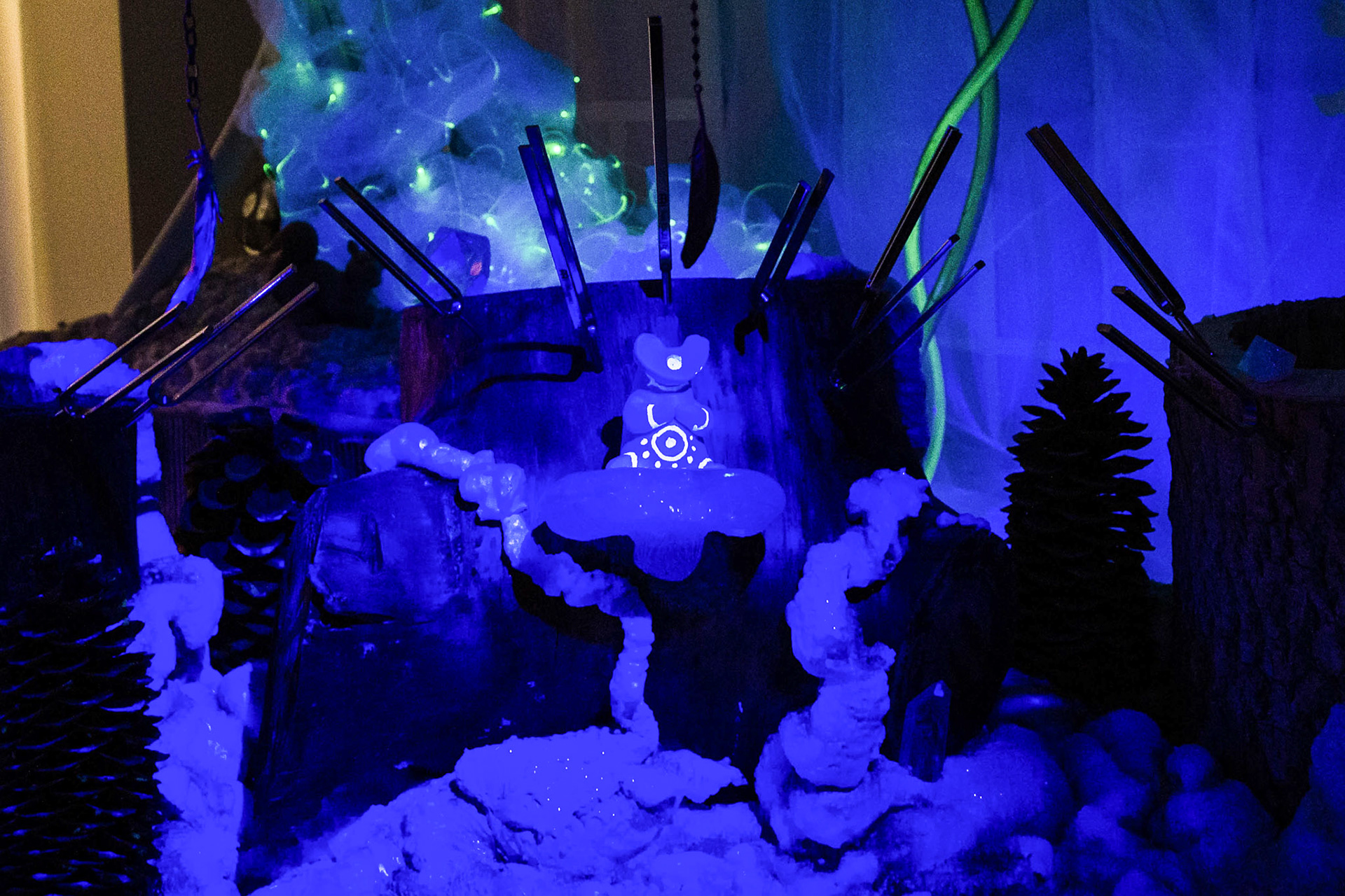 Natura Obscura: Woodland Spirits. 2018, slipcast and handbuilt ceramic stoneware, UV paint, 50 total ranging from 1” to 5” tall, Prismajic LLC, Denver and the Museum of Outdoor Arts, Englewood.