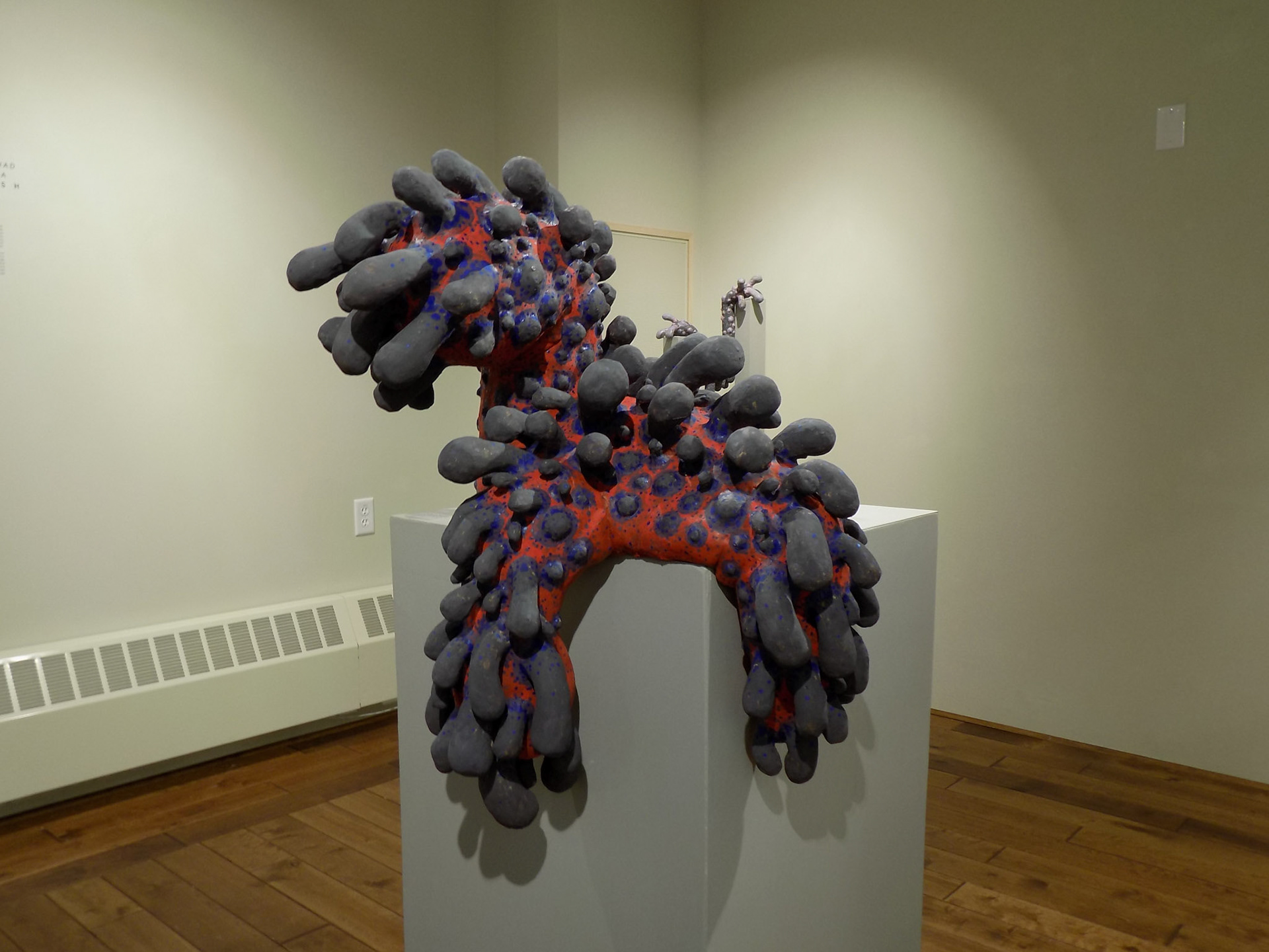 Bertha, the Matriarch, 2018, ceramic stoneware, black iron oxide, underglazes, epoxy, gouache, plaster of paris, iron pipe, pvc, 33”x28”x19”, Under "Store to Own" Contract