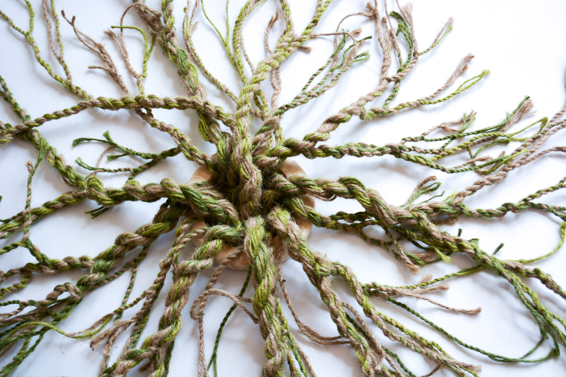 Roperoot 1: Green and Brown. 2022, jute fibers, wire mesh, wood, hardware, dimensions variable. $2,000.