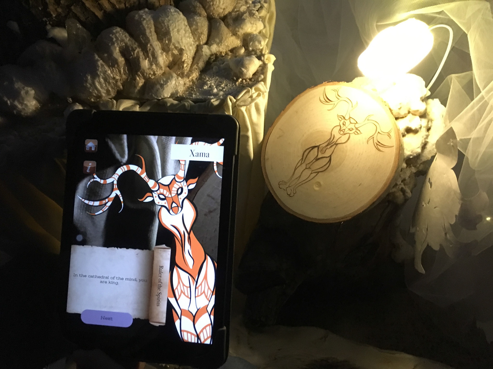 Natura Obscura: AR app activated by laser-cut image of spirit. 2018, animation by Silas Carter, app programming by Sean Morris