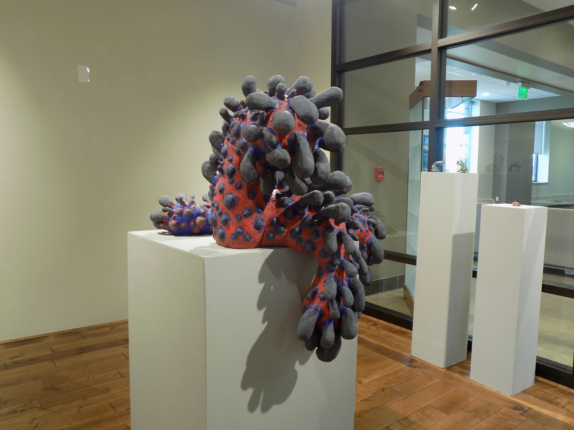 Bertha, the Matriarch, 2018, ceramic stoneware, black iron oxide, underglazes, epoxy, gouache, plaster of paris, iron pipe, pvc, 33”x28”x19”, Under "Store to Own" Contract