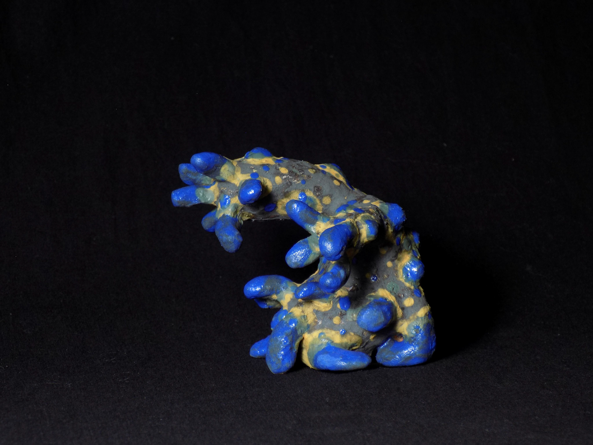 Wayne, 2018, ceramic stoneware, black iron oxide, underglazes, 3”x3.75”x4”, SOLD
