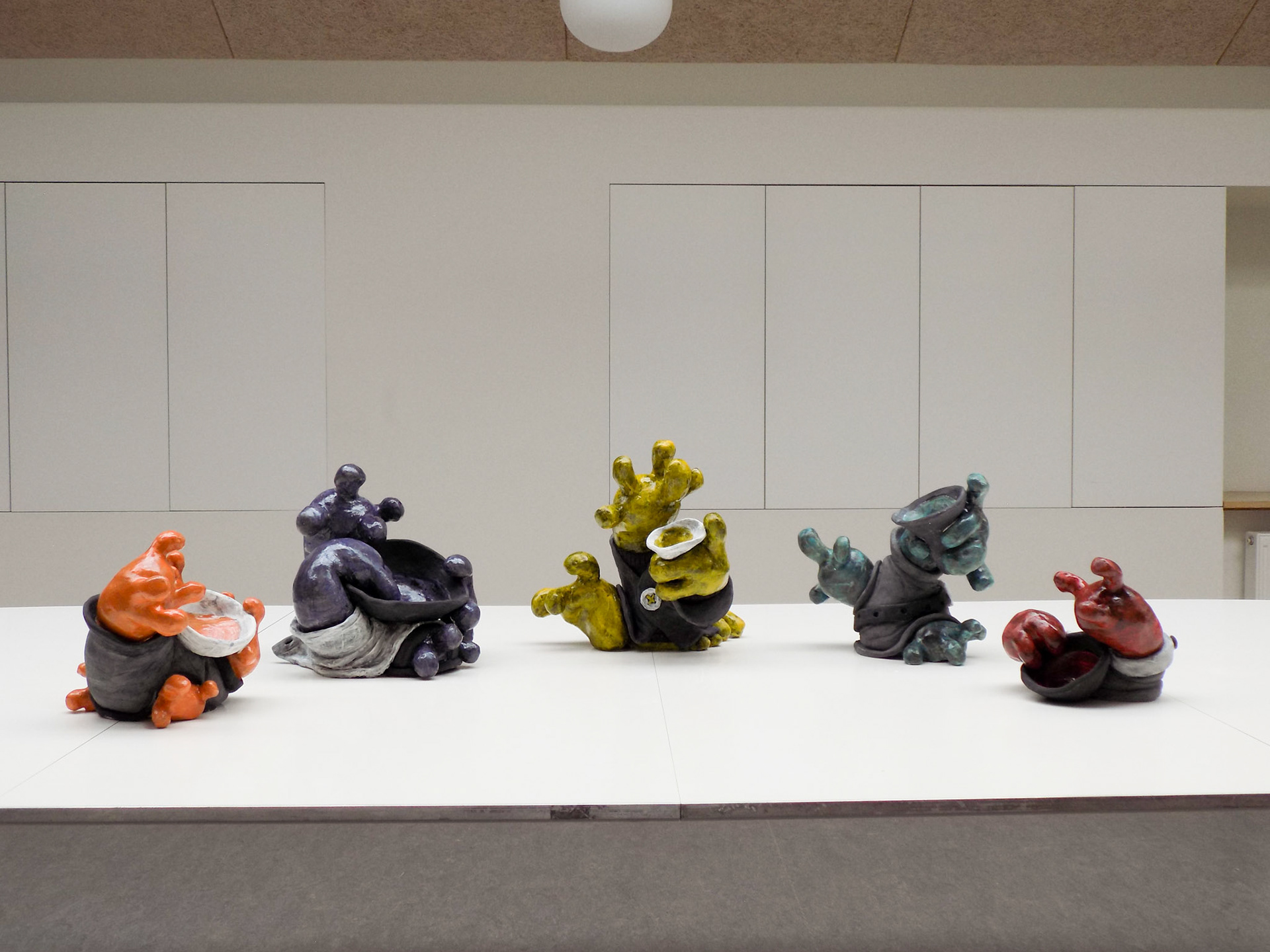 Hygge: Oscar, Martha, Viggo, Peder, and Helene, 2019, stoneware, underglaze, low-fire glaze, various sizes.