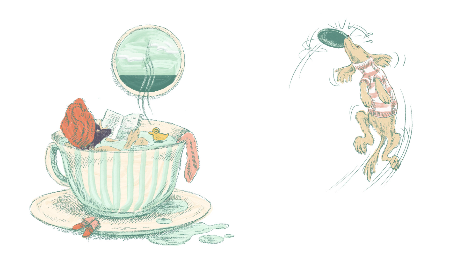 Vignet illustrations "My cup of tea" & "Catch"